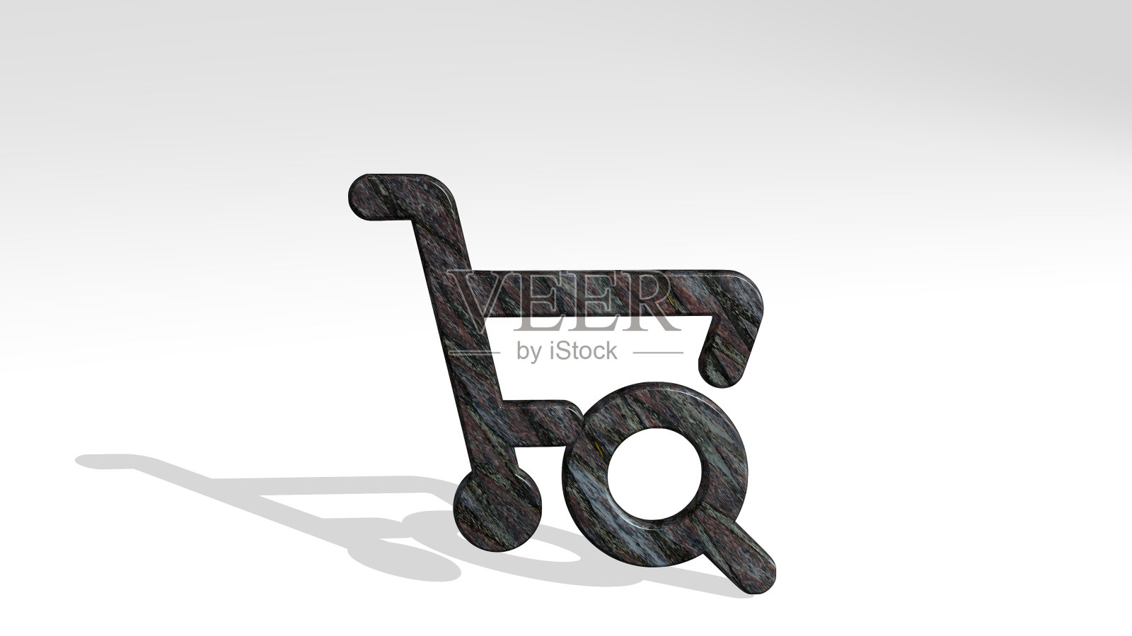 购物车搜索由一个闪亮的金属雕塑在灯光背景上投射阴影的3D插图。业务和概念照片摄影图片