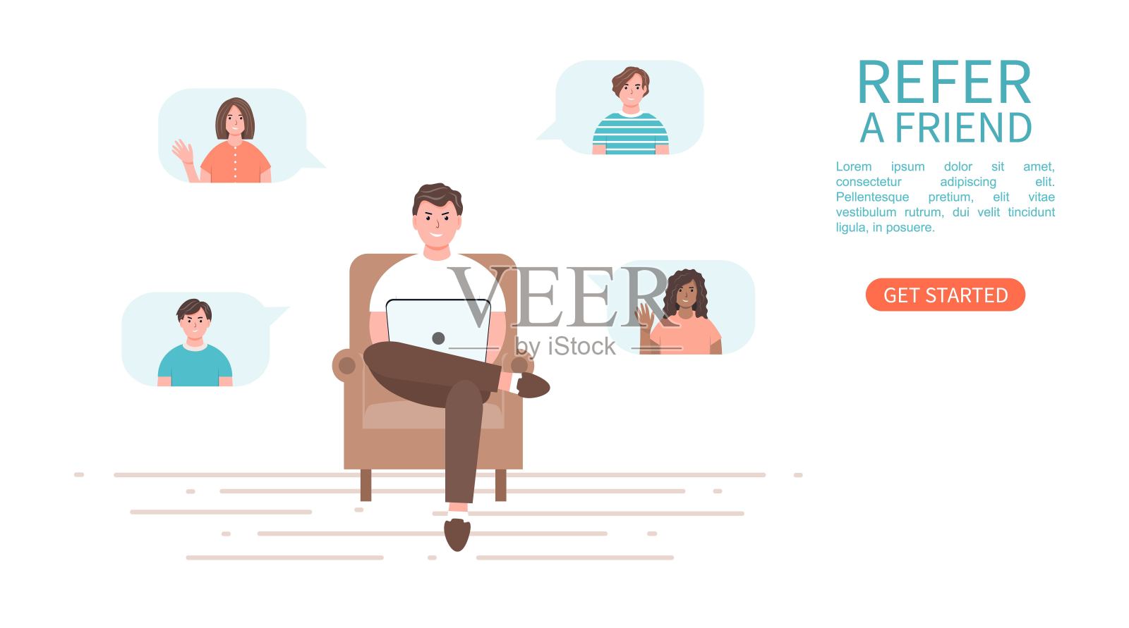 推荐营销观念。让一个朋友参与合作并赚钱。插画图片素材