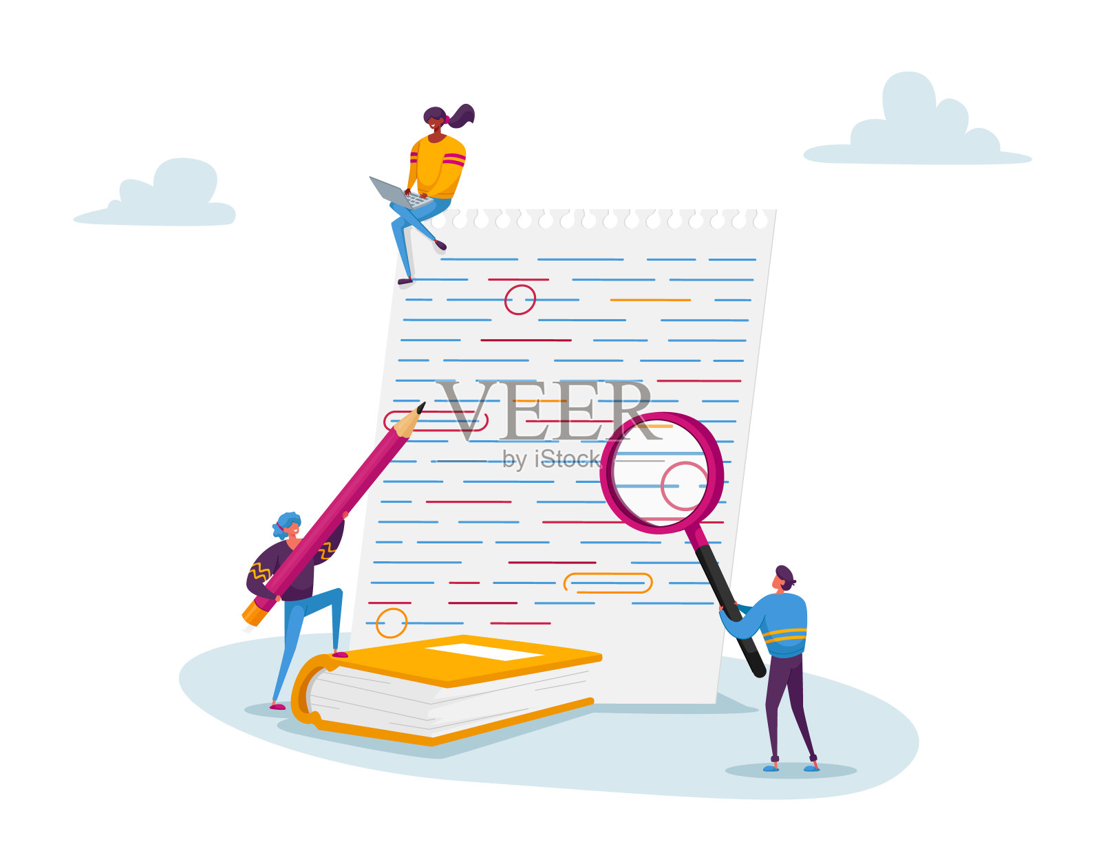 放大镜下的小字体和红铅笔编辑错误。老师或学生修正语法插画图片素材