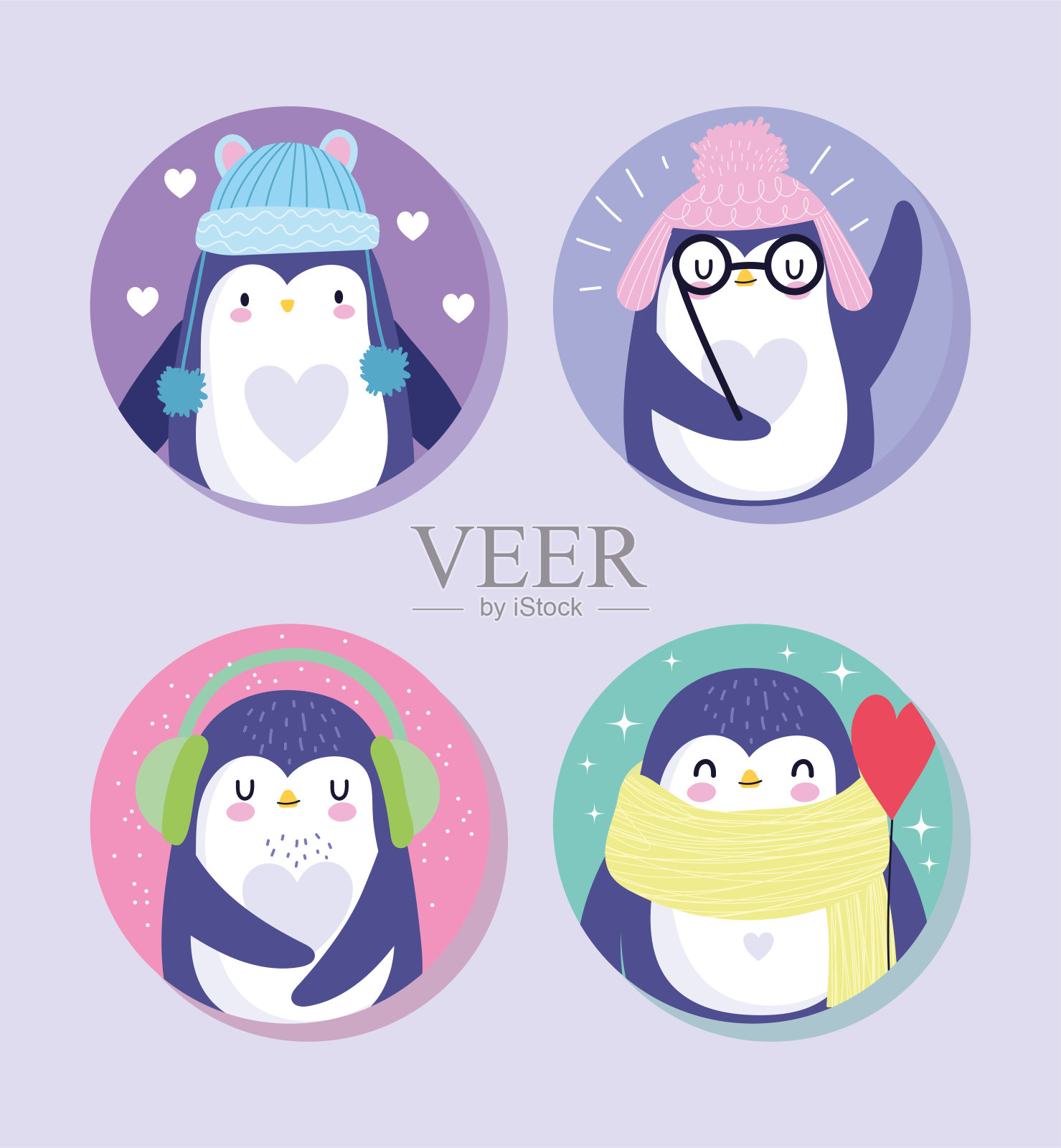 企鹅，鸟，动物，卡通野生动物，带着温暖的帽子，围巾，眼镜的人物插画图片素材