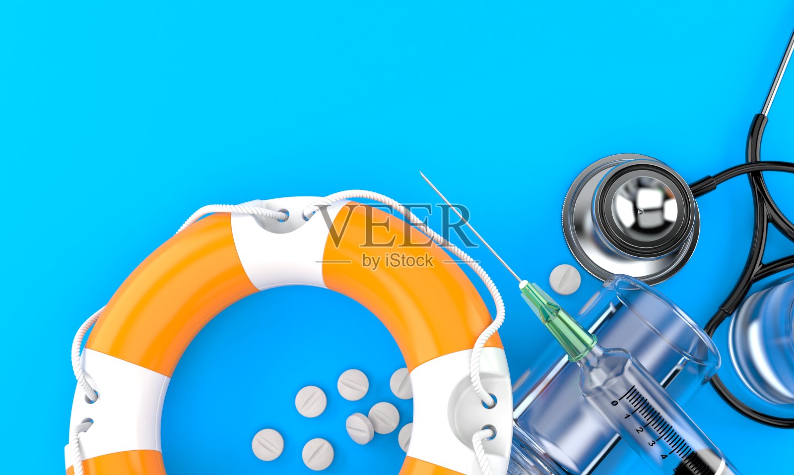 带听诊器和药物的救生圈照片摄影图片