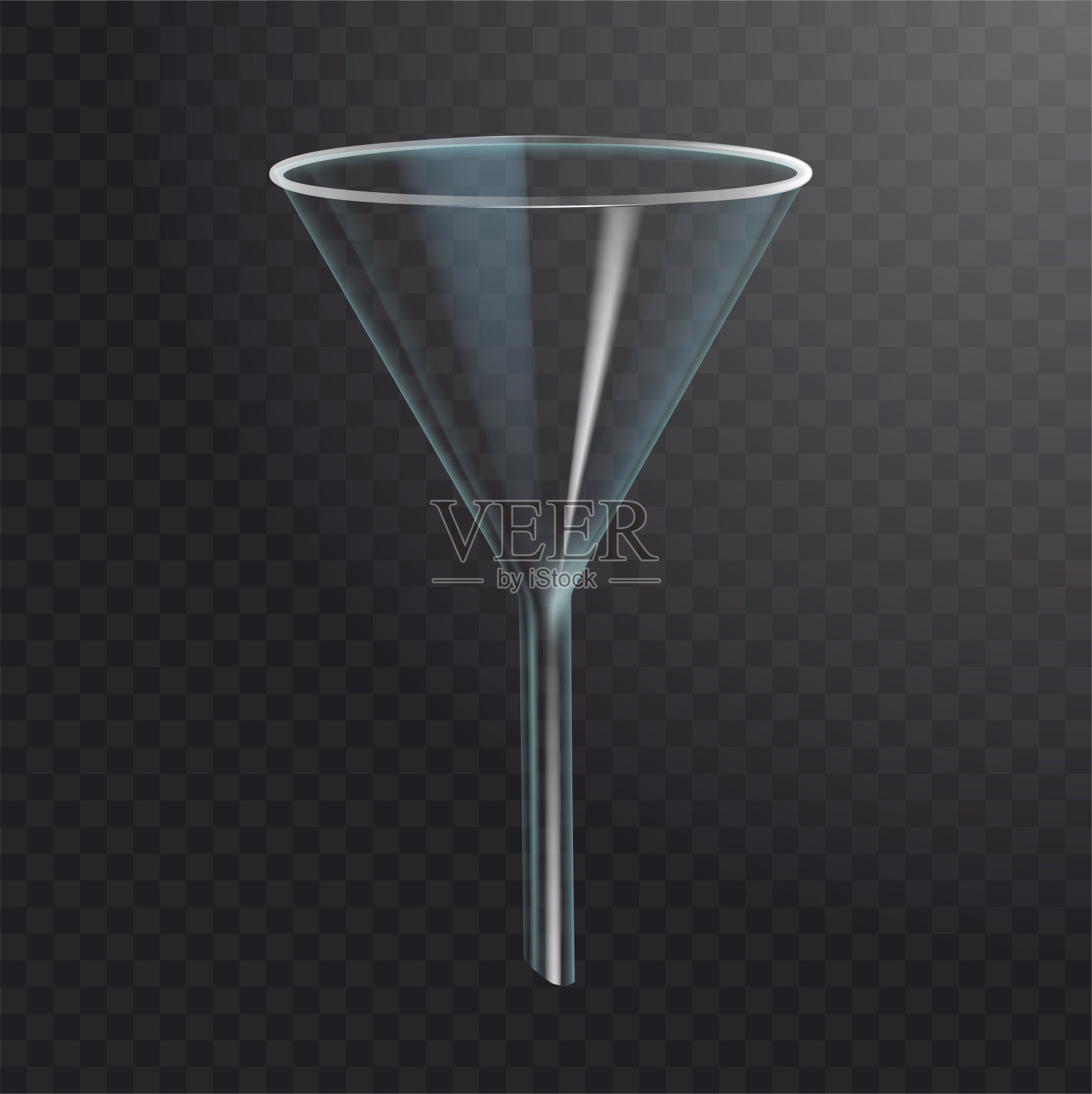 残余玻璃漏斗孤立在黑暗透明的背景。医用化学实验室过滤设备。3 d矢量插图。插画图片素材