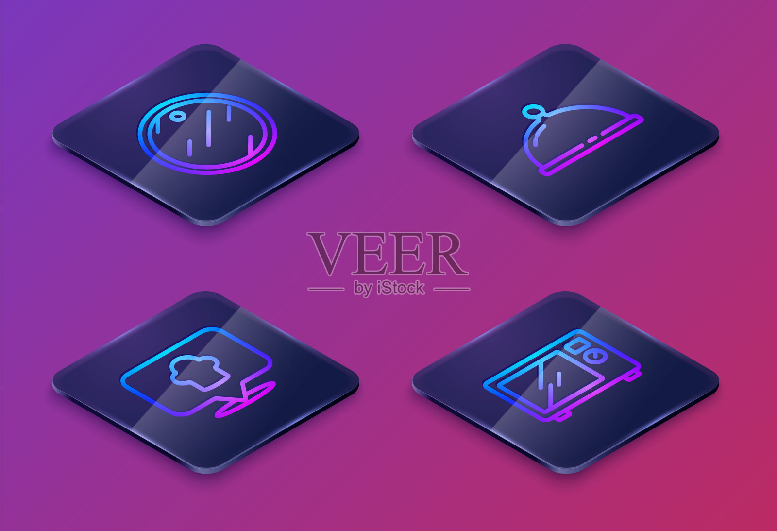 设置等距线切菜板，厨师帽与位置，盖托盘的食物和微波炉。蓝色方框按钮。向量图标素材