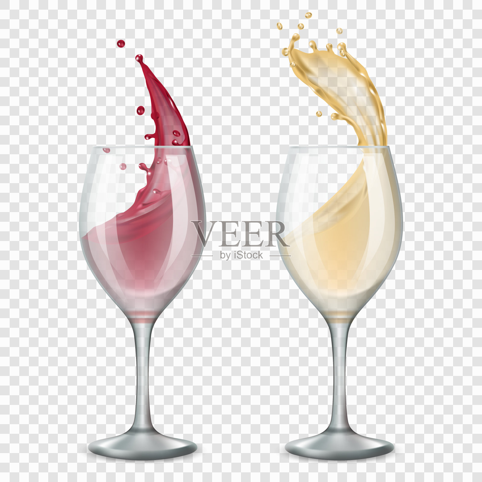 玻璃葡萄酒。酒精饮料飞溅流动的红色和白色滴向量逼真的插图设计元素图片
