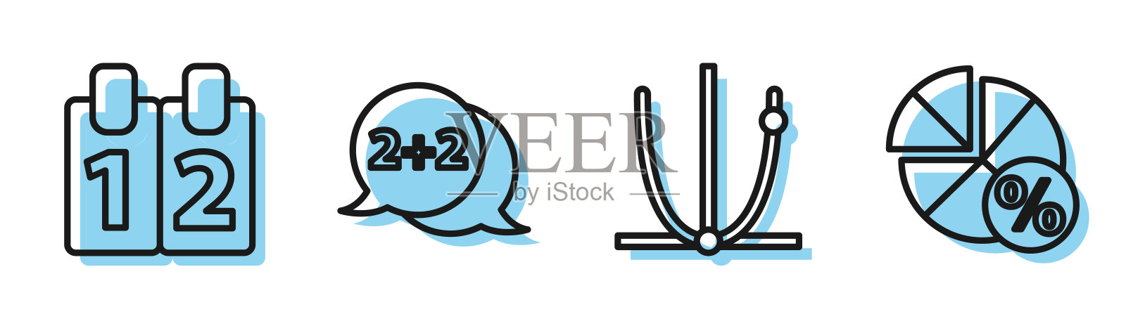 设置线铃声，数学函数余弦，几何图形圆锥体和方程解图标。向量插画图片素材