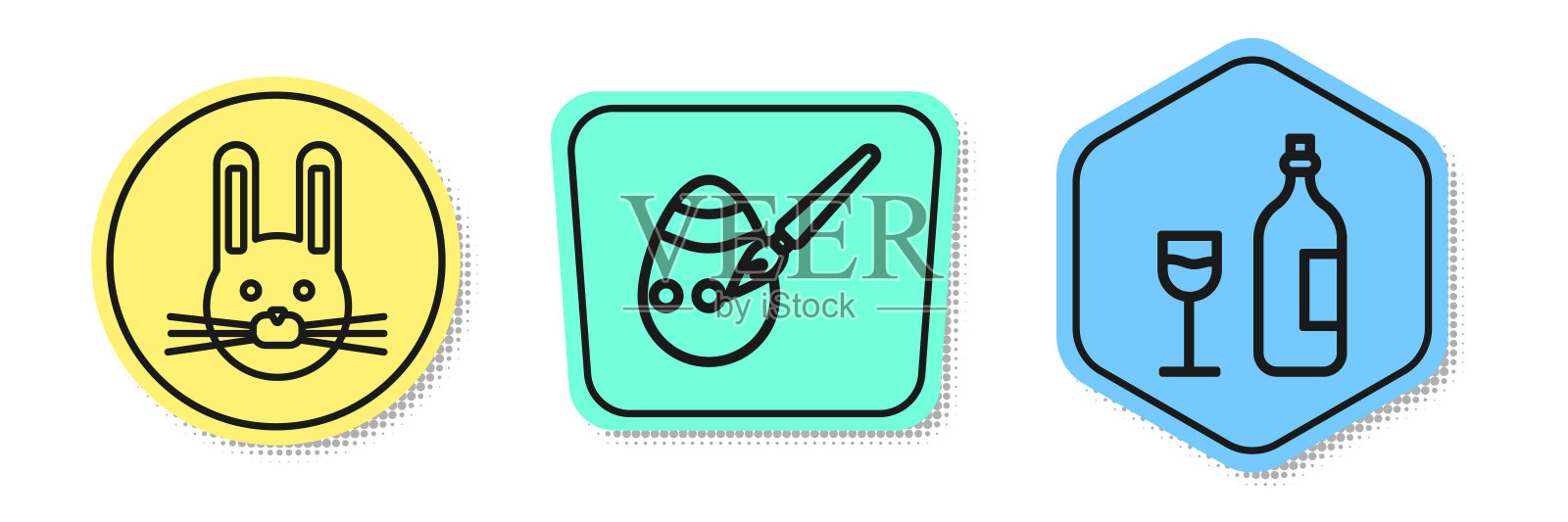 设置行复活节兔子，复活节彩蛋和油漆刷和葡萄酒瓶与玻璃。颜色的形状。向量插画图片素材