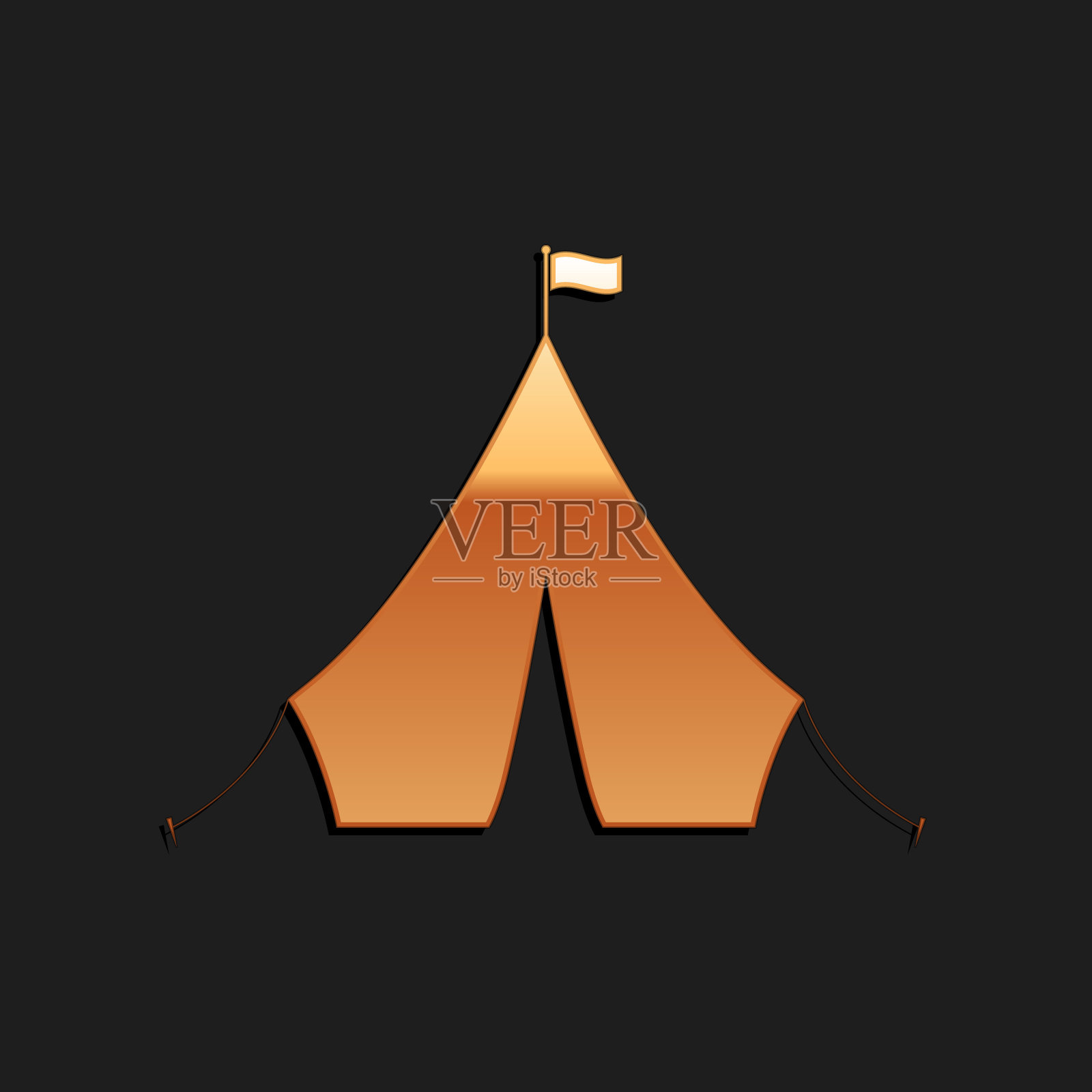 金色旅游帐篷与旗帜图标孤立在黑色背景。长长的阴影风格。向量插画图片素材