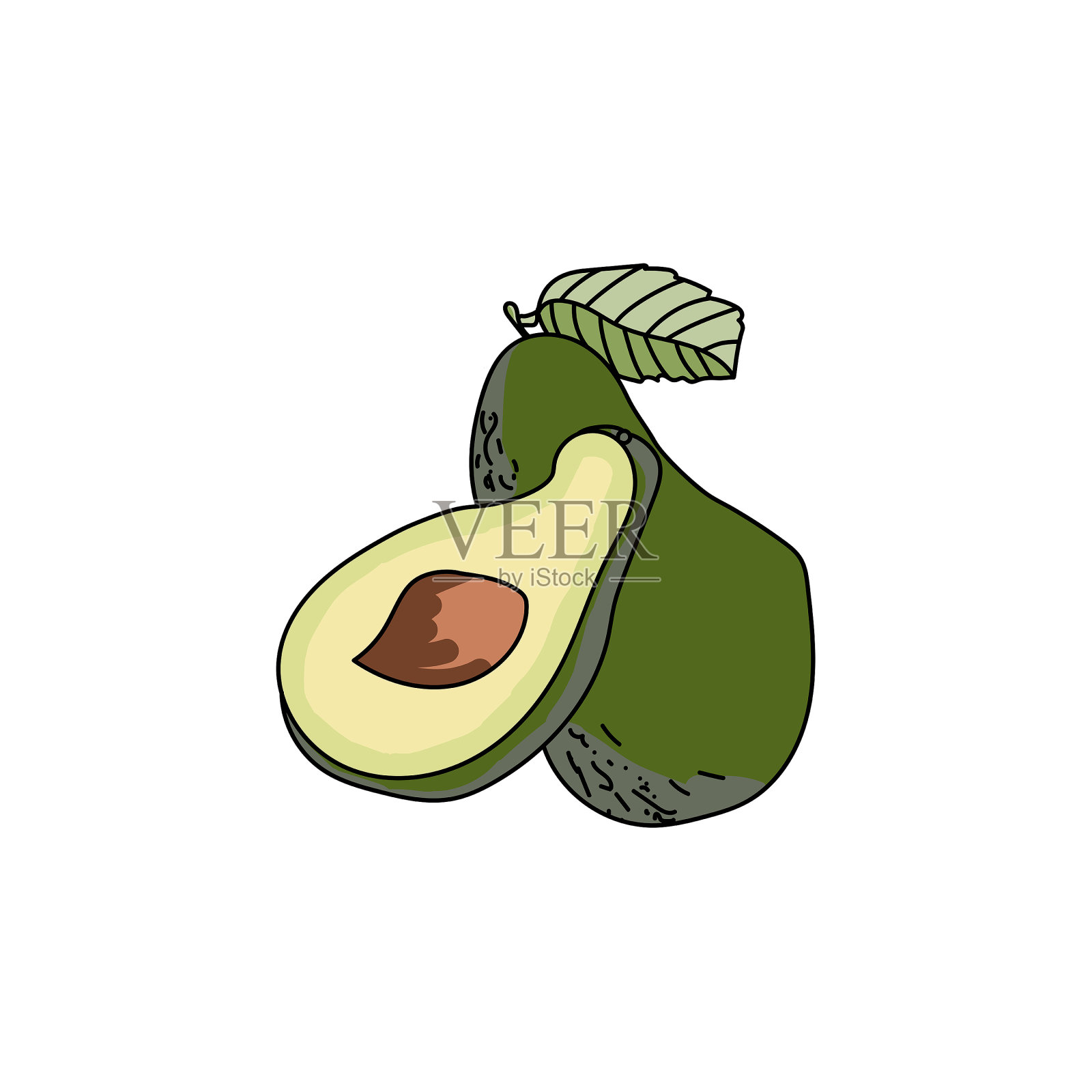 全鳄梨和半鳄梨的核，美味的水果与绿色的叶子，手绘矢量插图插画图片素材