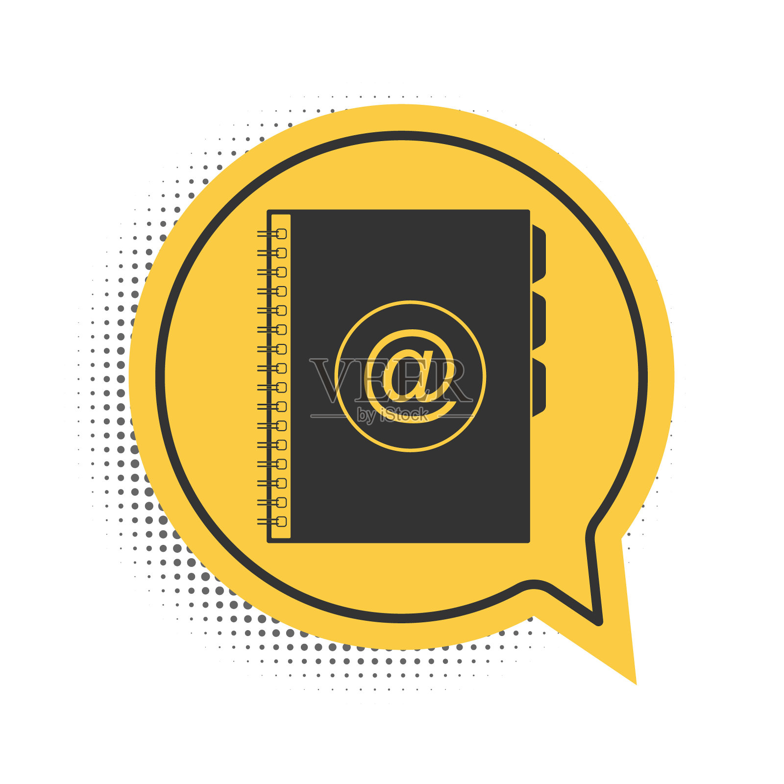 黑色地址簿图标隔离在白色背景。笔记本，地址，联系方式，目录，电话，电话本图标。黄色语音气泡符号。向量图标素材