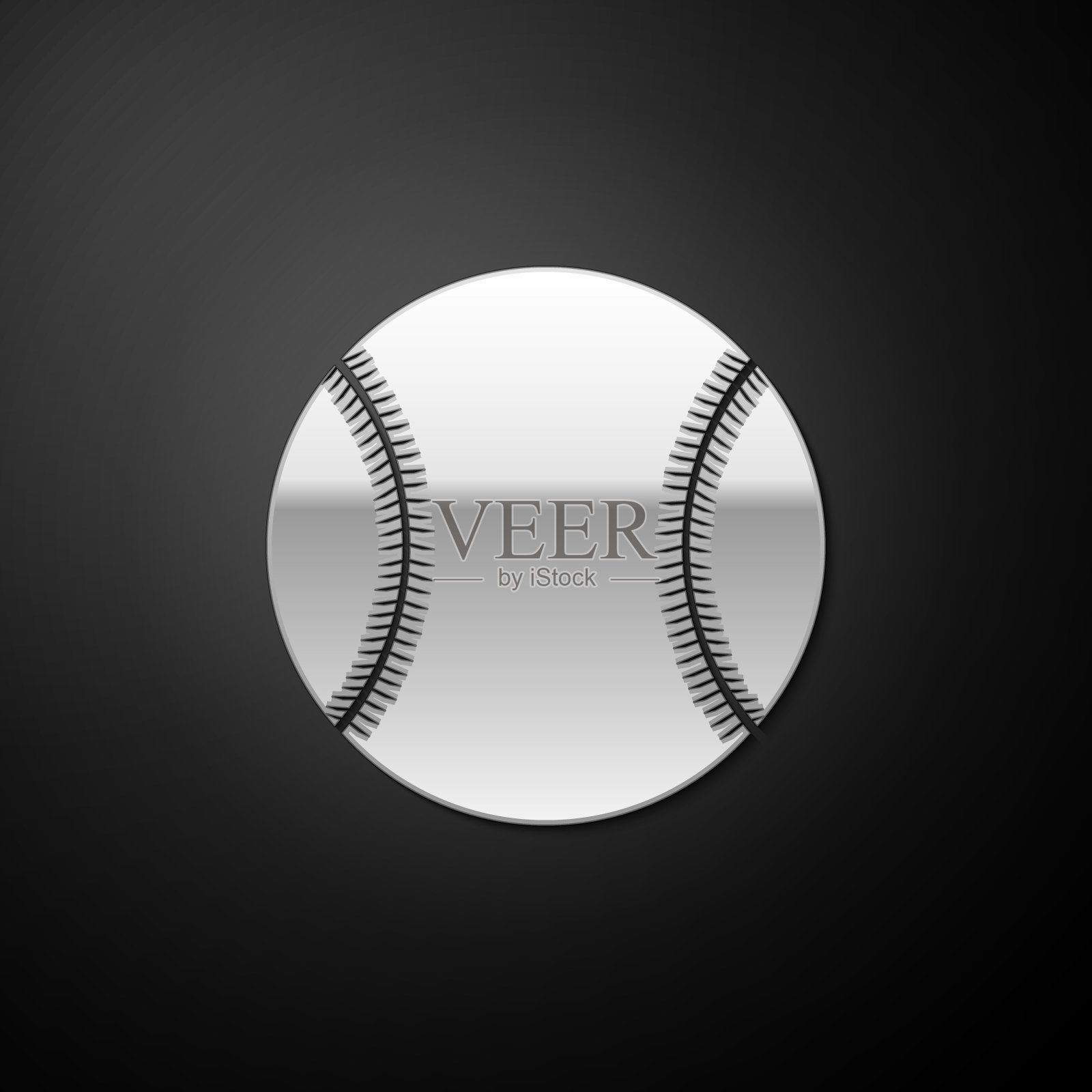 银色棒球图标孤立在黑色背景。长长的阴影风格。向量插画图片素材