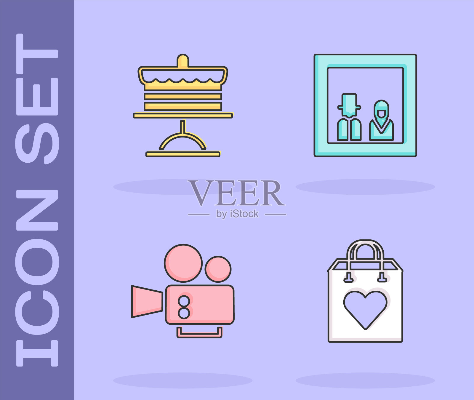 购物袋与心，蛋糕在盘子上，电影相机和家庭照片图标。向量图标素材