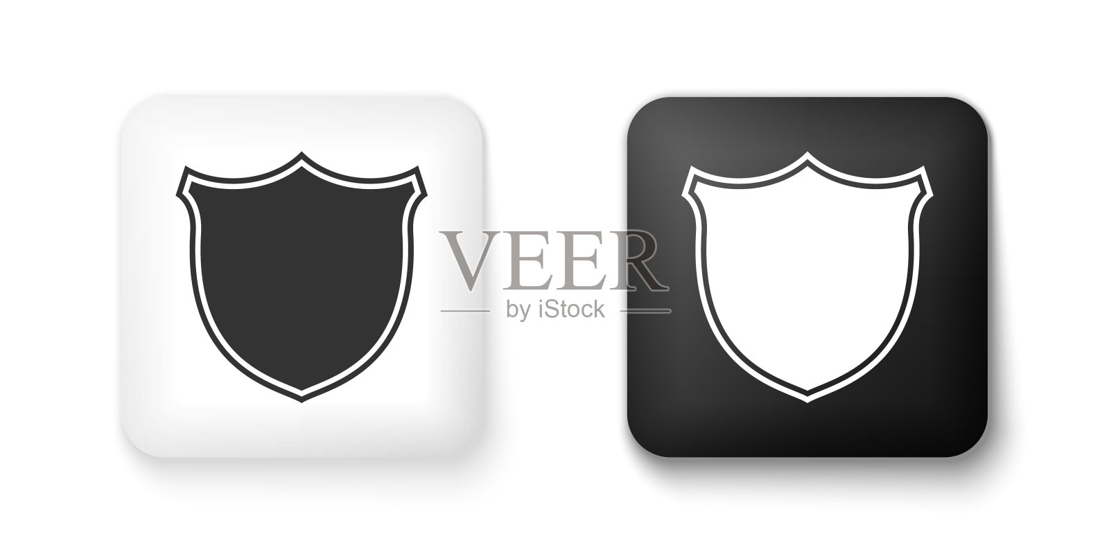黑白盾牌安全图标隔离在白色背景。保护、安全、安全理念。防火墙访问隐私标志。方形按钮。向量图标素材