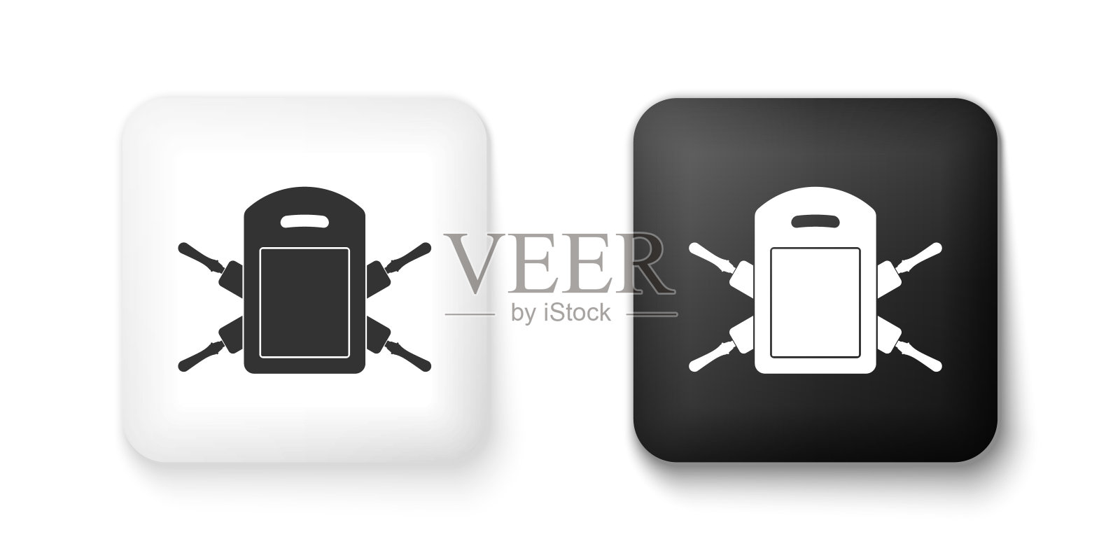 黑白切割板和擀面杖图标隔离在白色背景。厨房用具和设备。方形按钮。向量图标素材