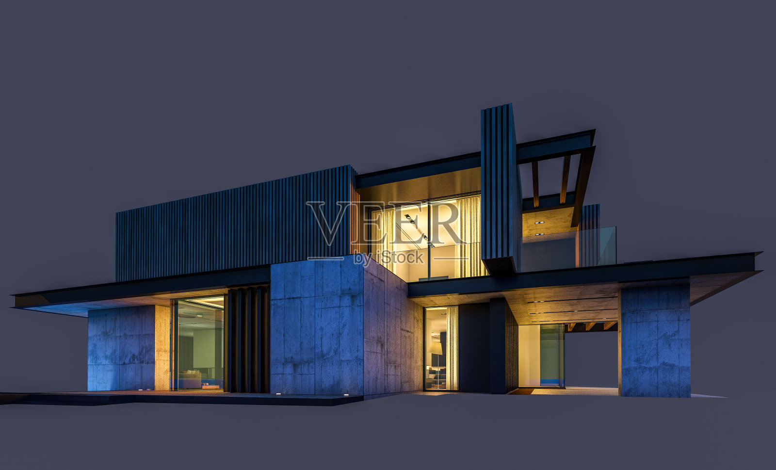 黑色背景下的木质外墙现代住宅3D渲染照片摄影图片