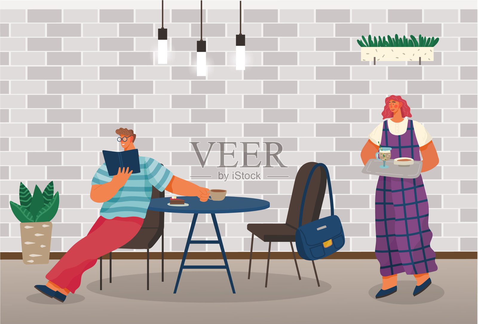 男人看书，吃蛋糕和喝咖啡插画图片素材