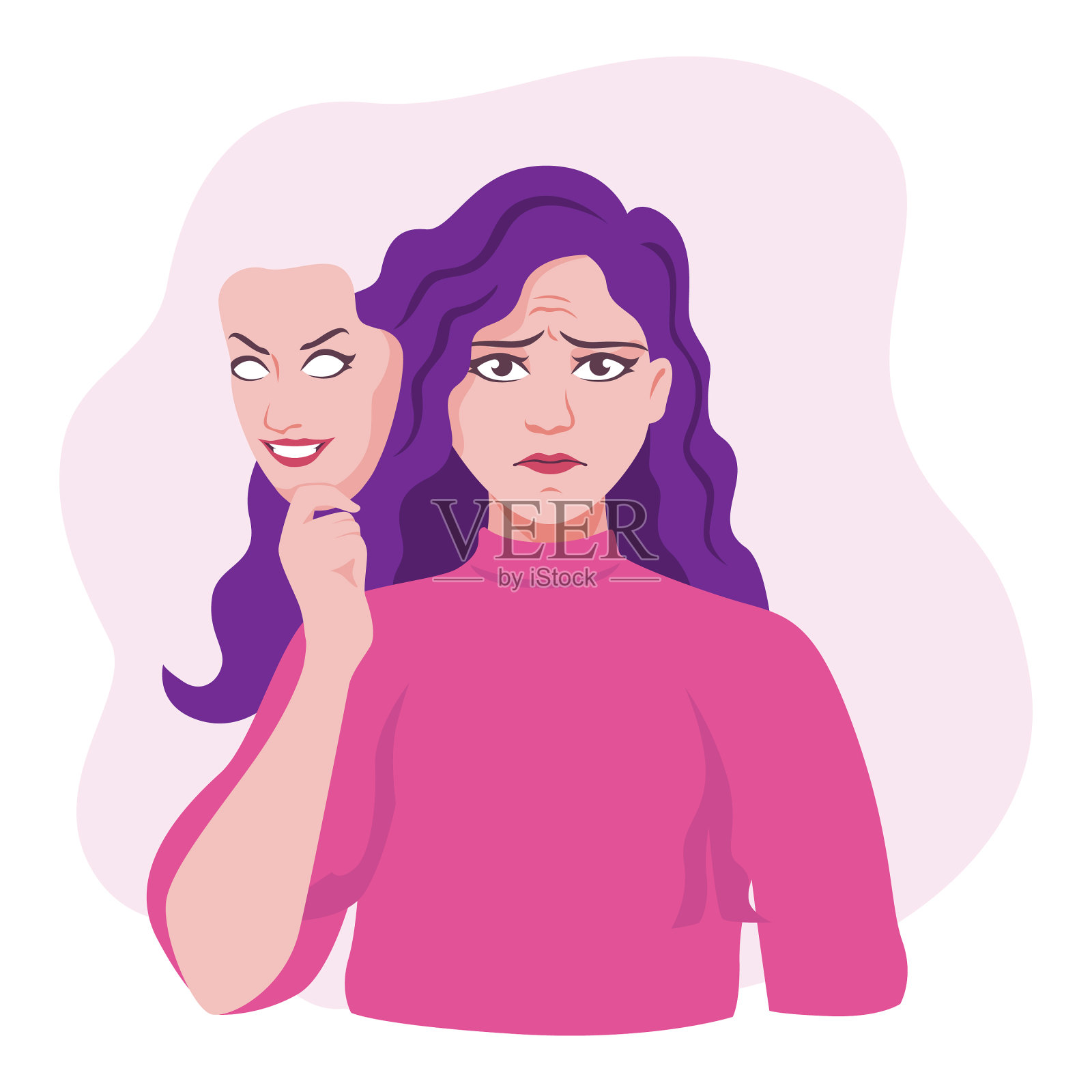 不快乐的女性戴着微笑的面具图形插画图片素材