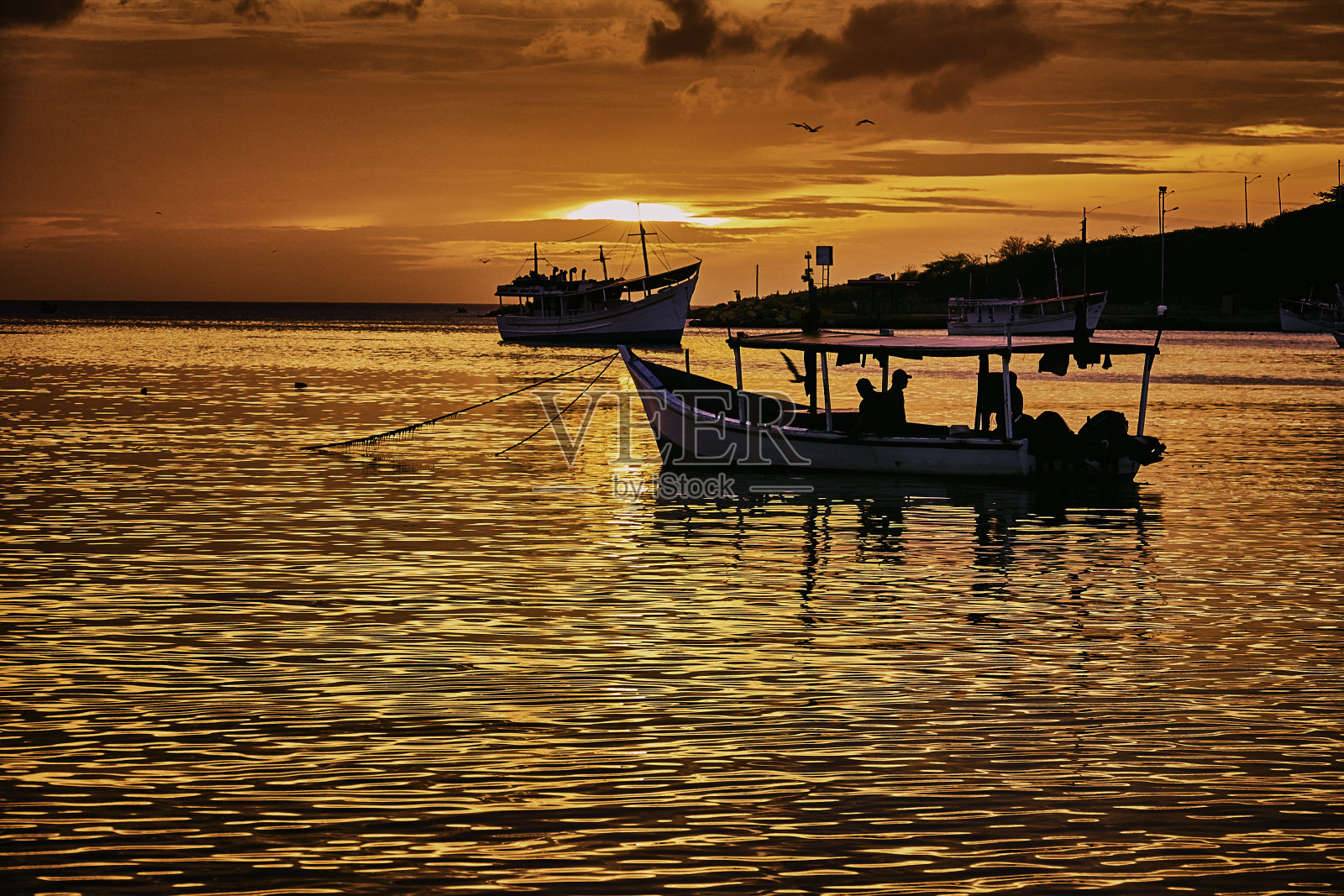 日落在一个加勒比岛屿与渔民的船和热带鸟类照片摄影图片