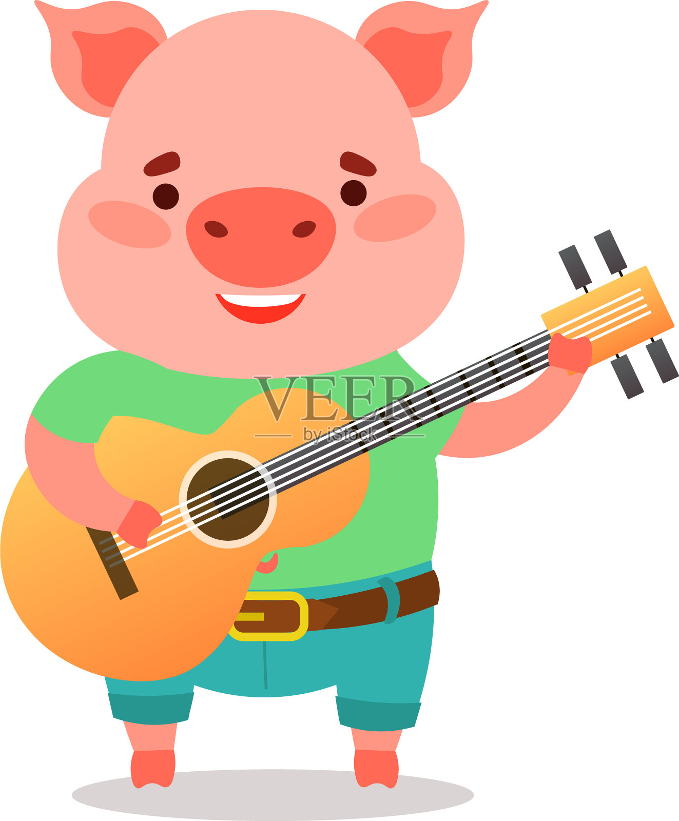 可爱的粉红色小猪在绿色t恤弹吉他设计元素图片