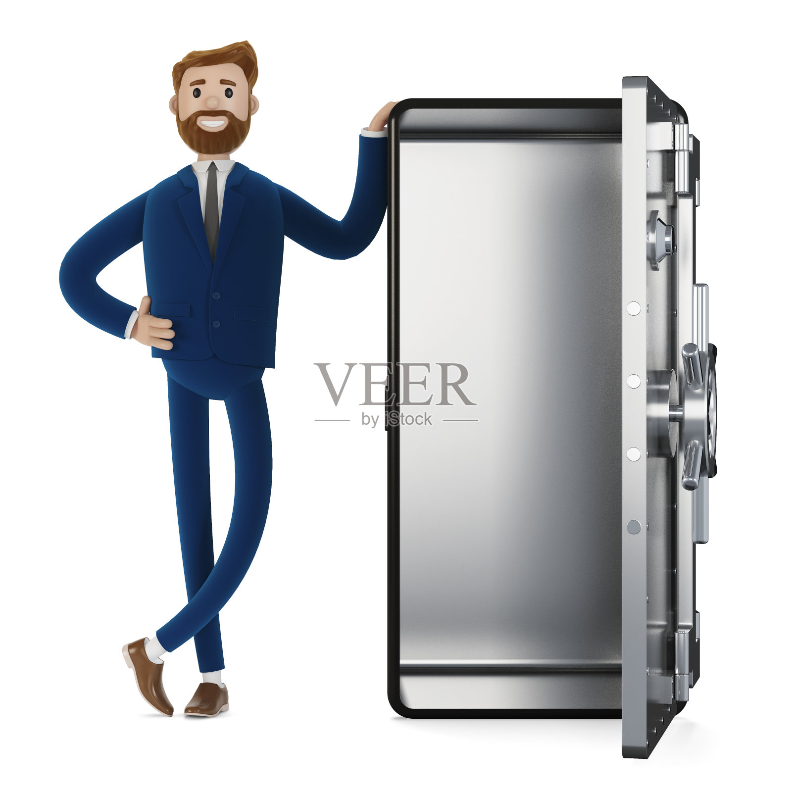 一个卡通人物站在一个保险箱形状的手机旁。移动银行。3 d演示。照片摄影图片