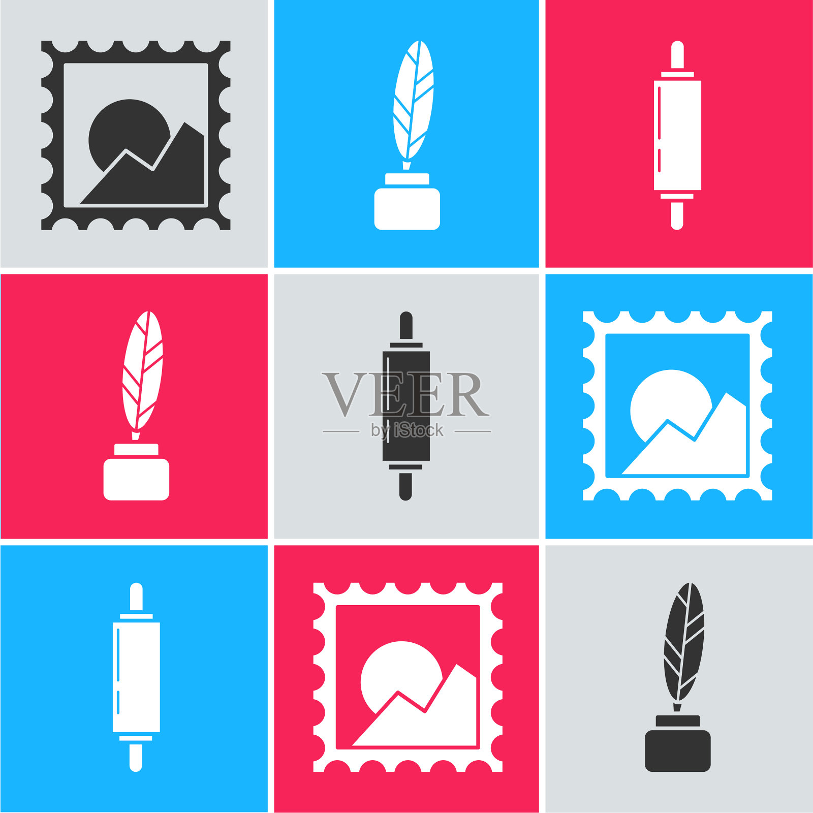 布景画风景羽毛和墨水瓶图标素材