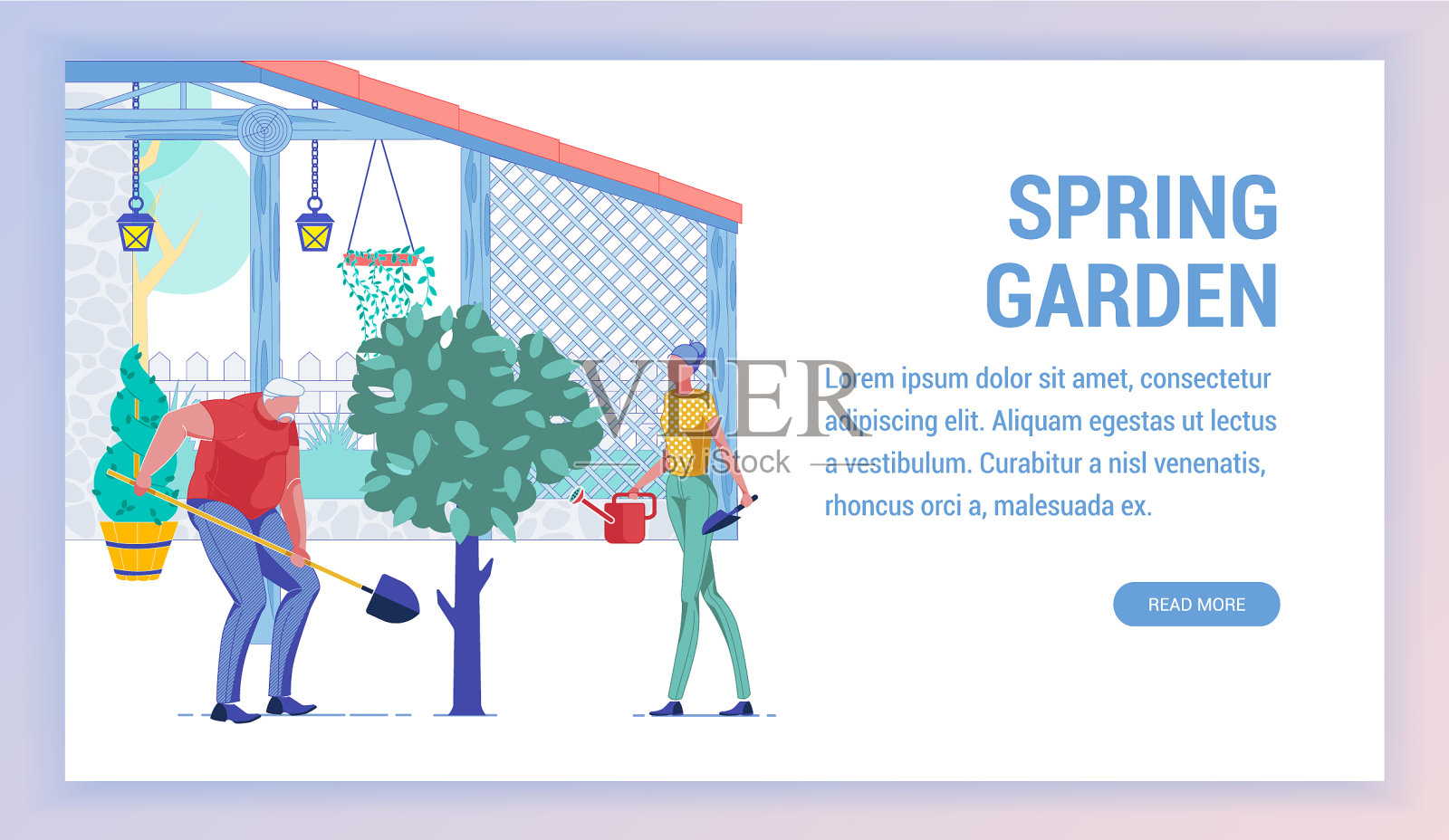 退休男子和妇女在花园里种树插画图片素材