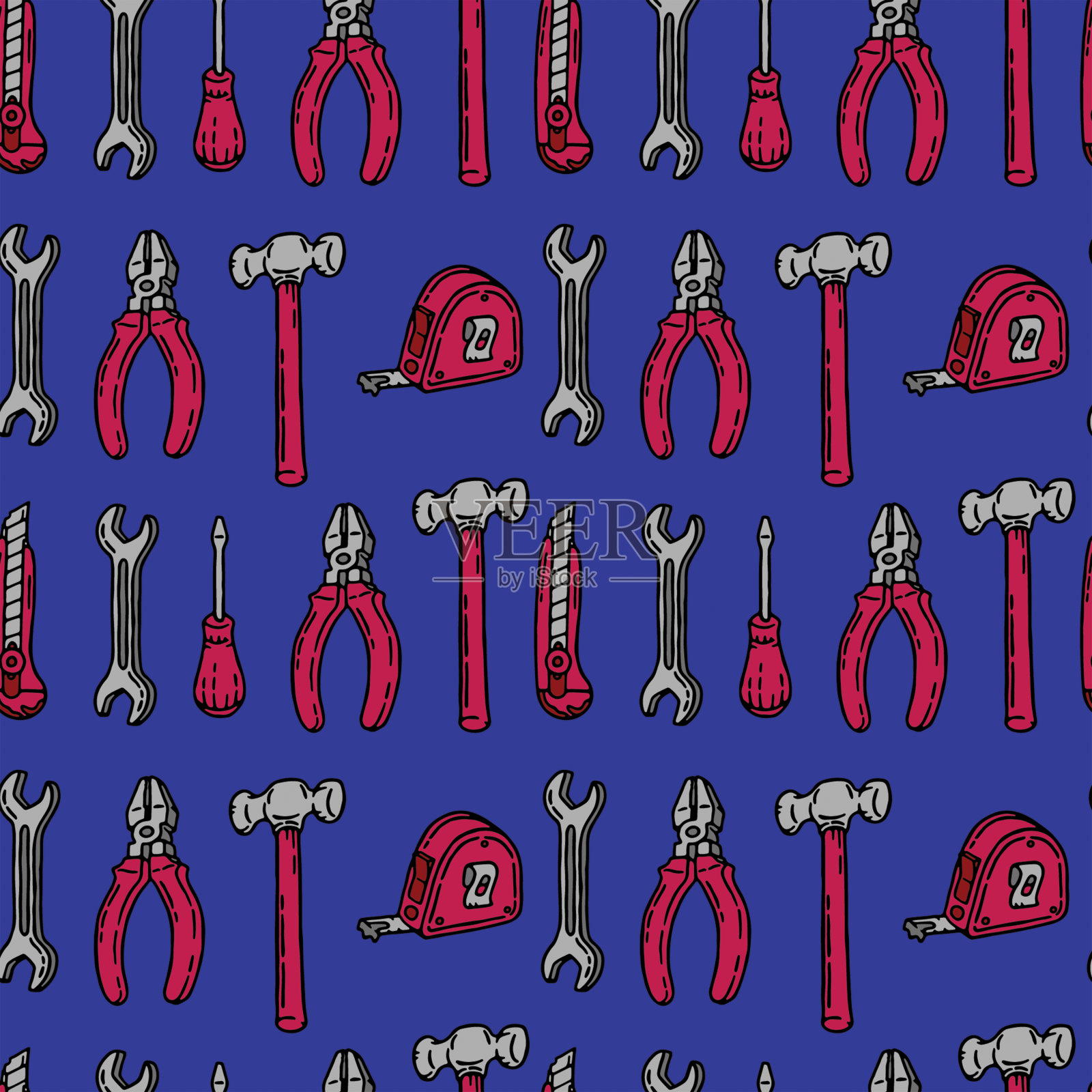 建造者和工人颜色无缝模式矢量插图。施工工具，包括螺丝刀、办公刀、扳手、锤子、卷尺和钳子。重复织物的图案设计插画图片素材