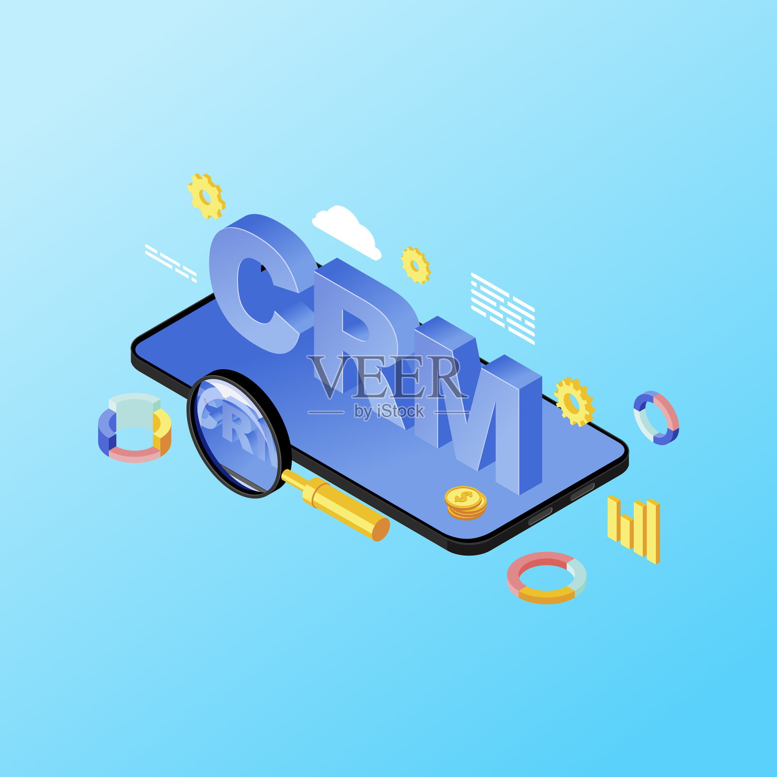 智能手机CRM系统app等距客户插画图片素材