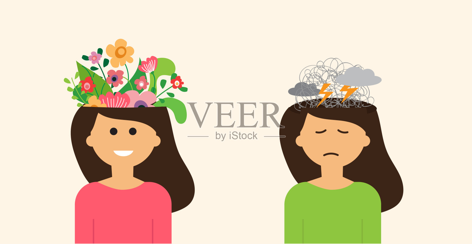 心理健康插画概念：快乐与悲伤的年轻女性插画图片素材