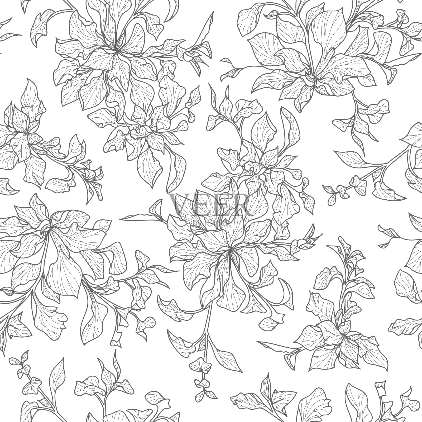 美丽的灰色轮廓叶无缝重复插画图片素材