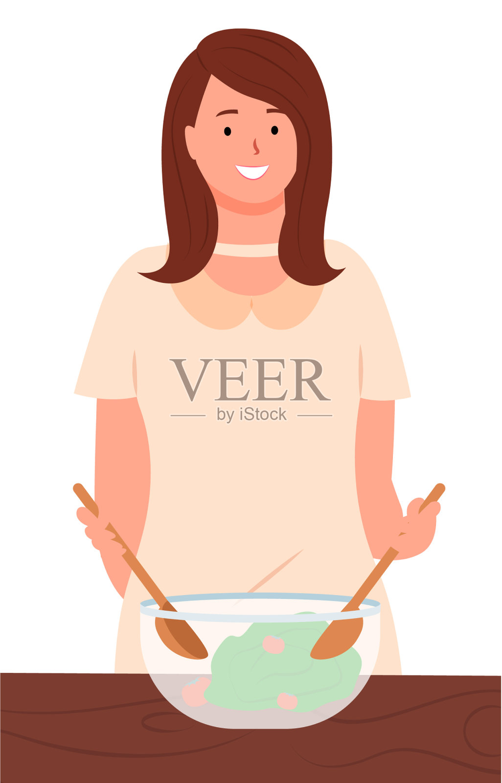 妇女家庭主妇在厨房里做蔬菜沙拉插画图片素材