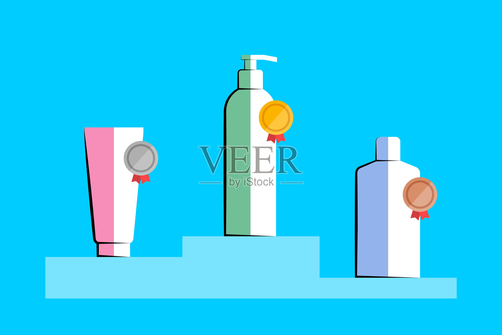 在领奖台上放置化妆品并颁发奖章插画图片素材