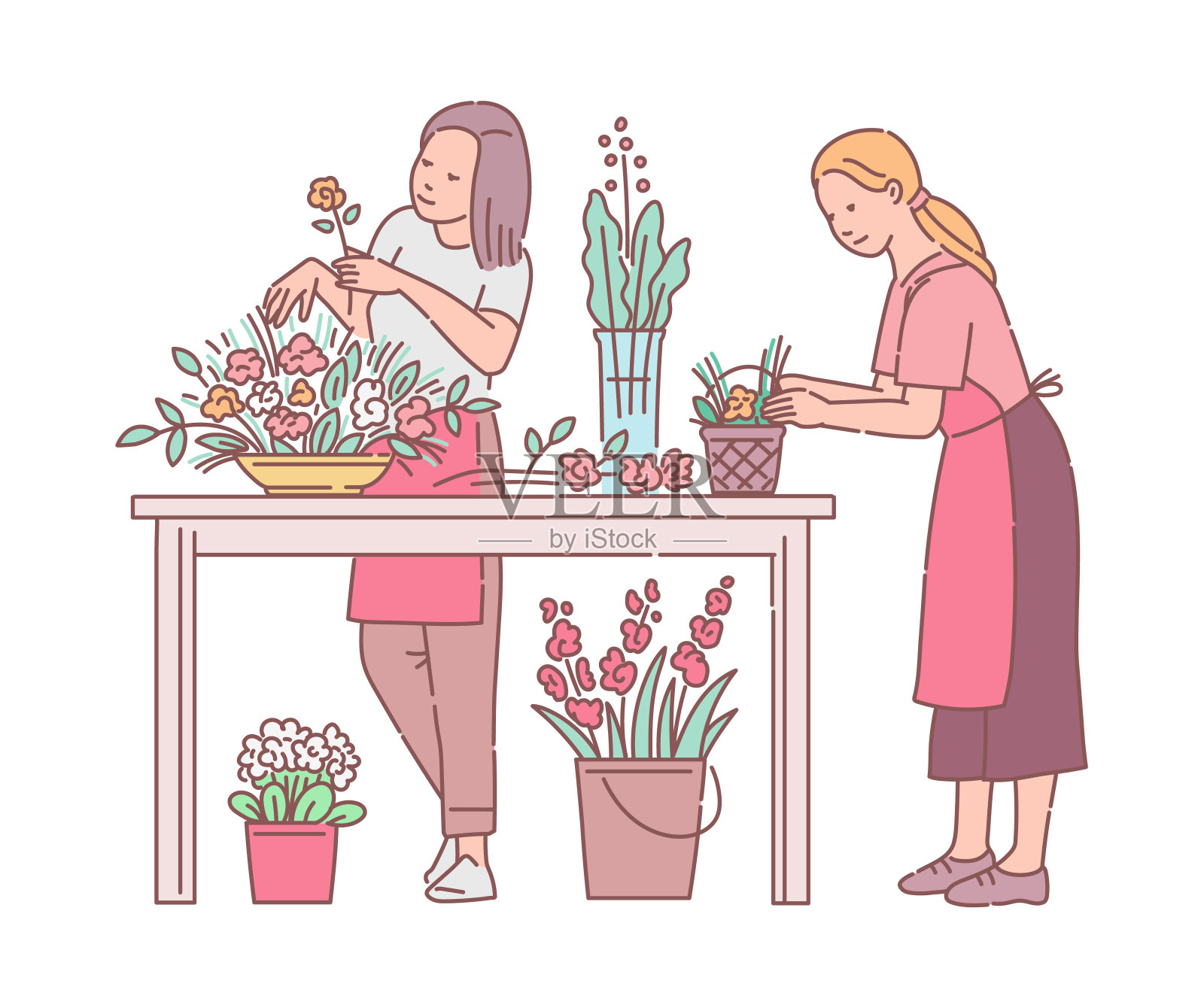 花商人物工作与花卉素描矢量插图孤立。设计元素图片