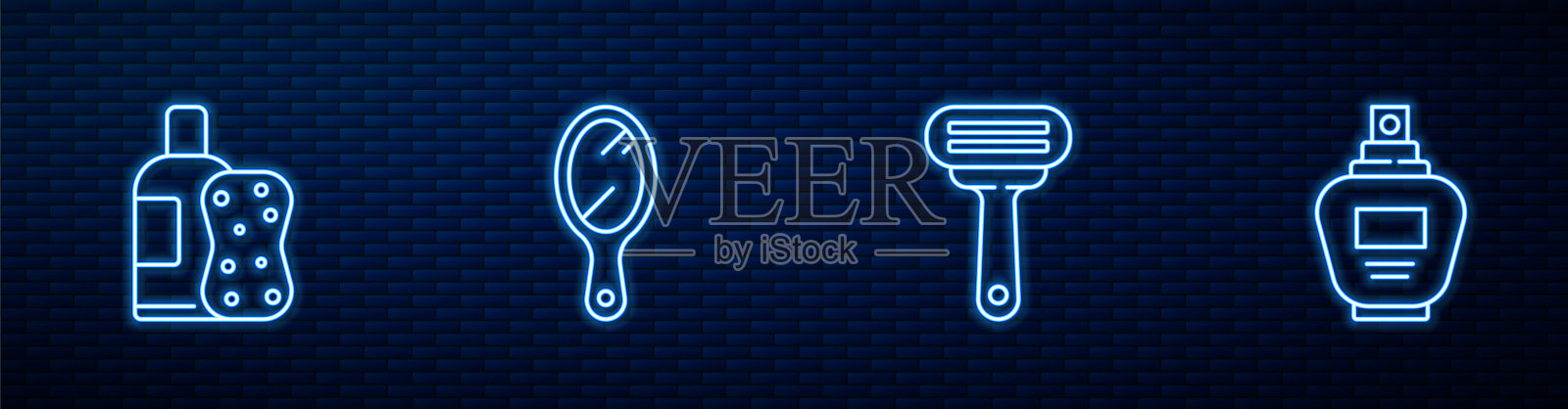 成套剃须刀，洗发香波和海绵，手镜和香水。砖墙上发光的霓虹灯图标。向量插画图片素材