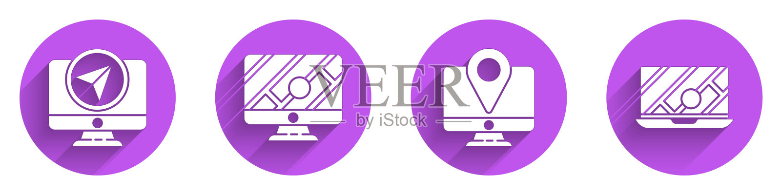 设置带有位置标记的“监控”、带有位置标记的“监控”、带有位置标记的“监控”和带有长阴影的城市地图导航图标。向量插画图片素材