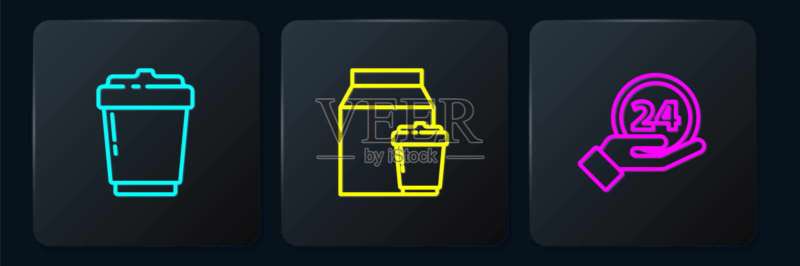 咖啡杯随取随取，24小时计时，在线订购和送货。黑色方形按钮。向量插画图片素材