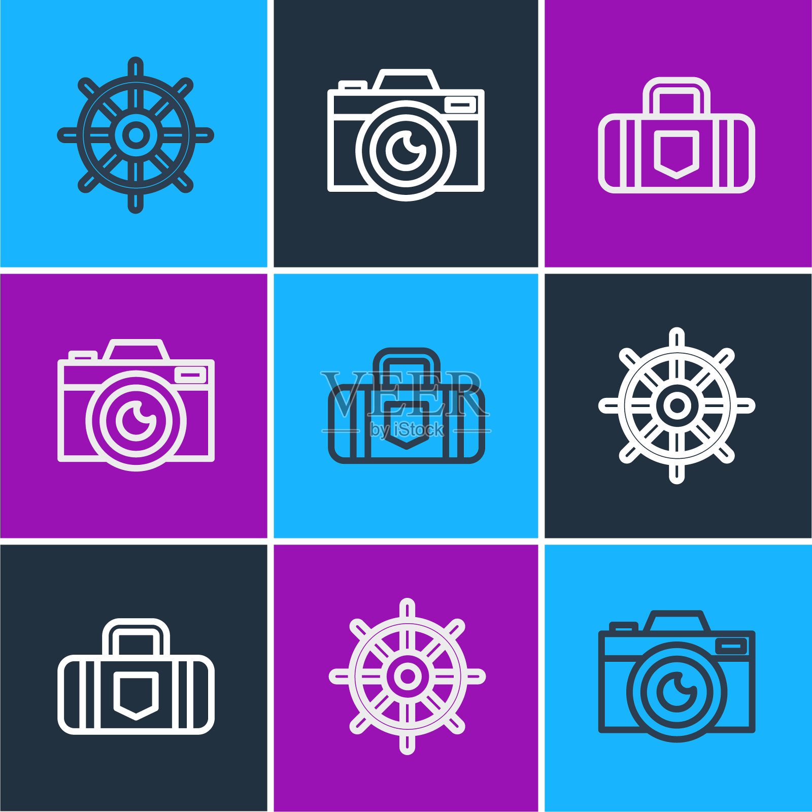 设置线船舶方向盘，手提箱和照片相机图标。向量图标素材