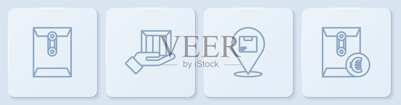 设置行信封，位置与纸箱，交付手箱和欧元符号。白色方形按钮。向量插画图片素材