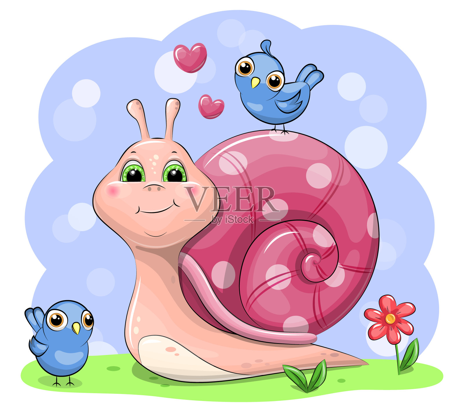 可爱的卡通蜗牛与鸟和花。设计元素图片
