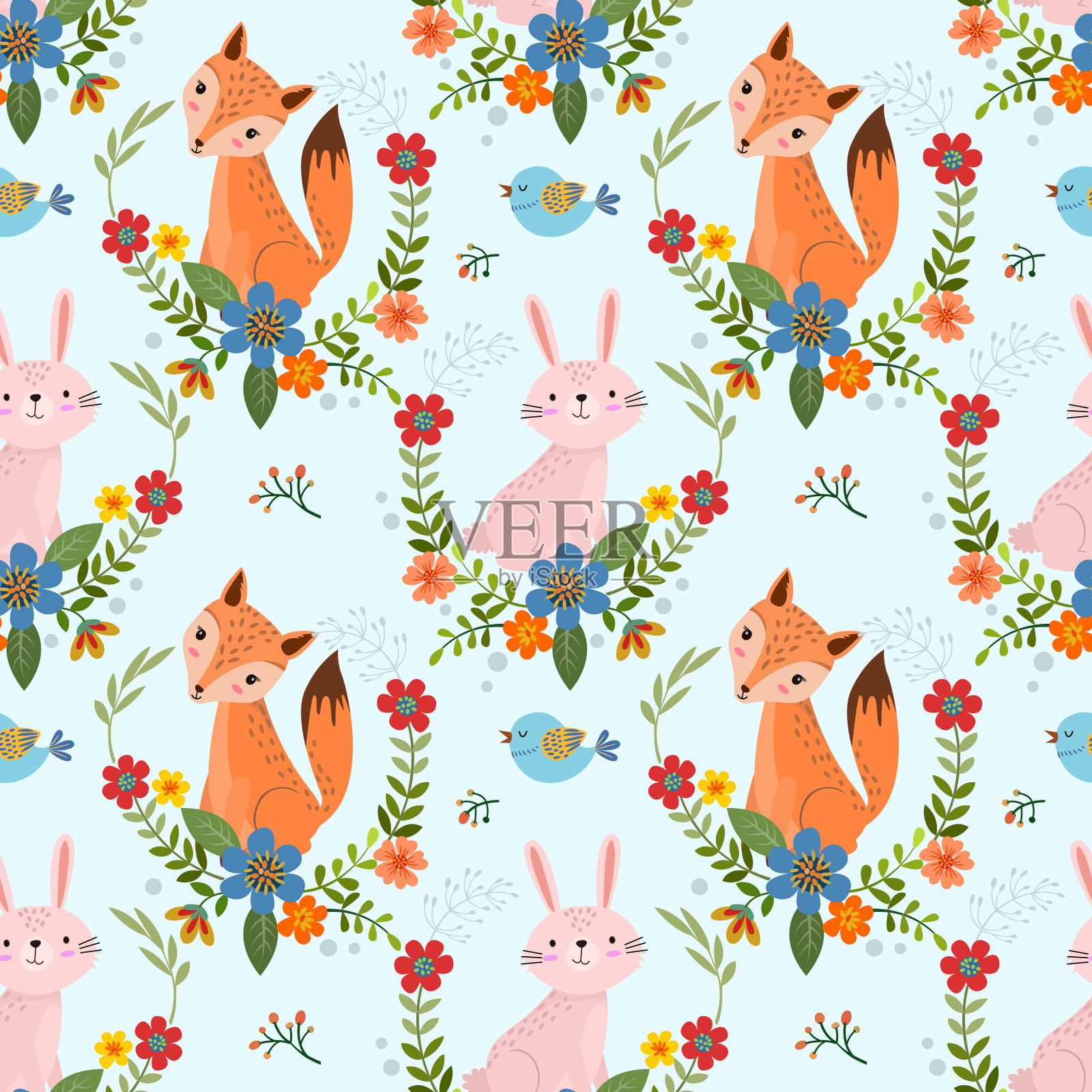 可爱的狐狸和兔子在花卉花园图案。插画图片素材