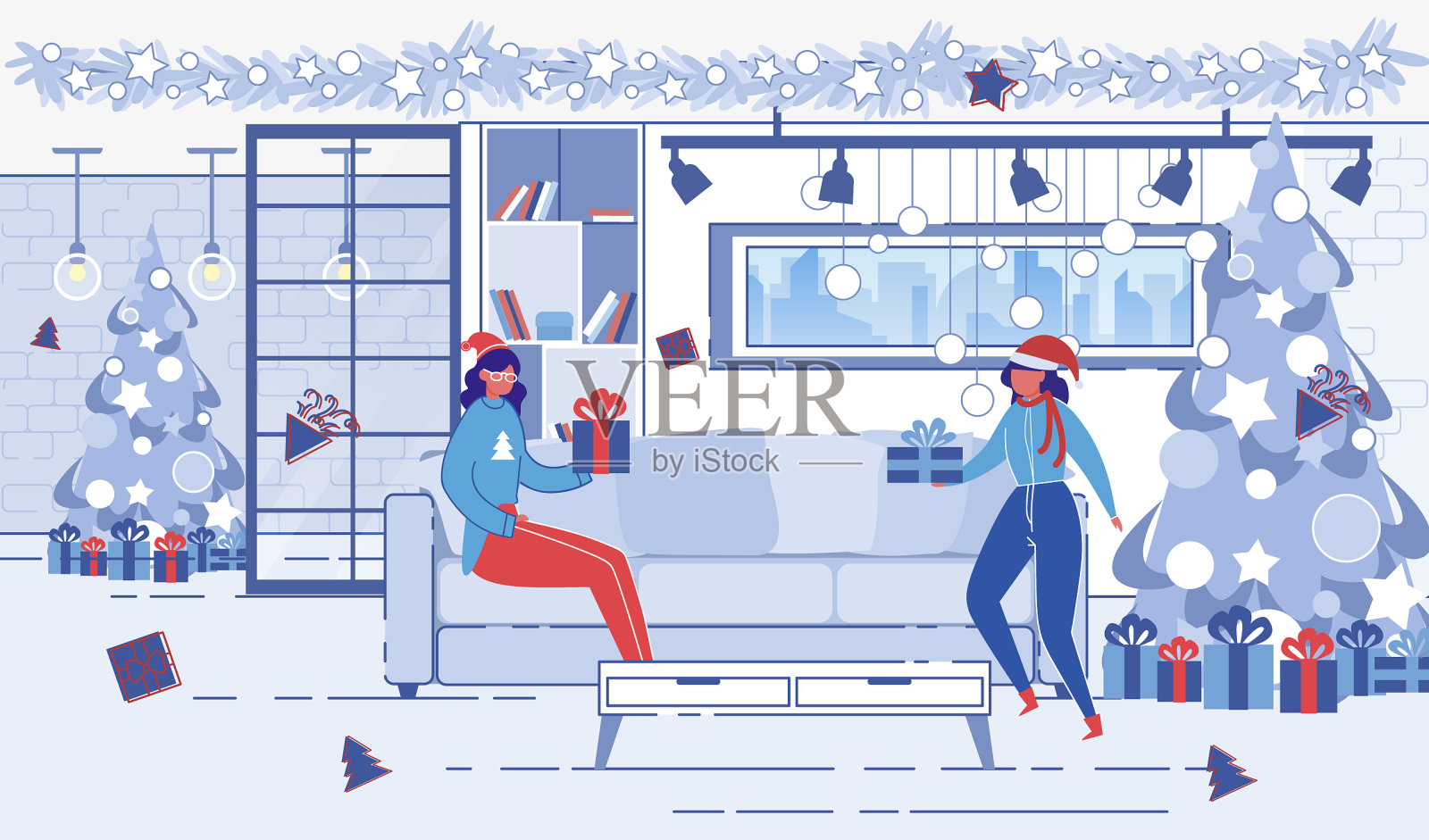 女性角色在装饰过的办公室送礼物插画图片素材