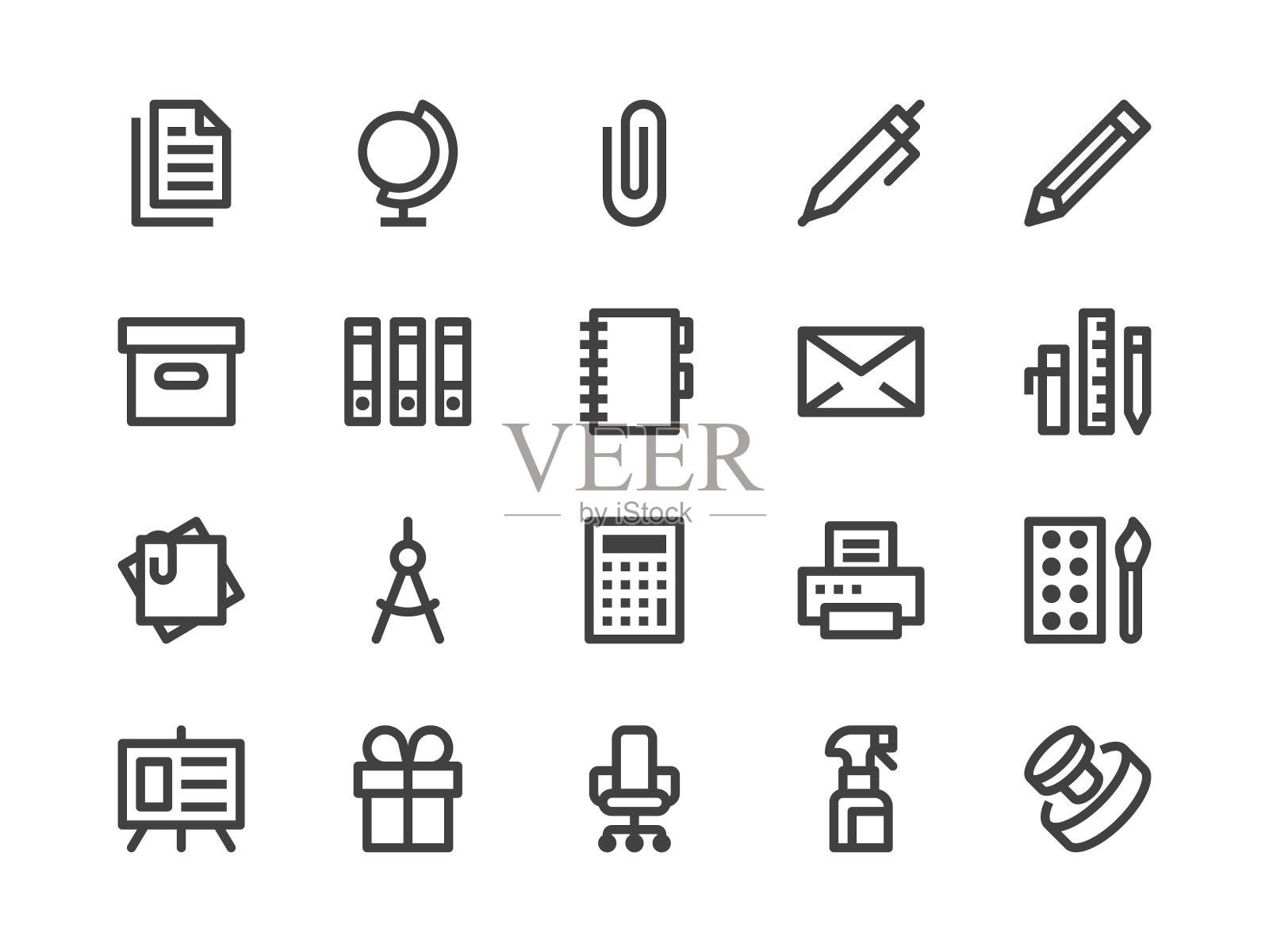 文具用品商店线图标。矢量插图平面风格。包括图标作为办公家具，打印纸，信封，钢笔，邮票，地球仪和更多。可编辑的描边。30x30像素完美插画图片素材
