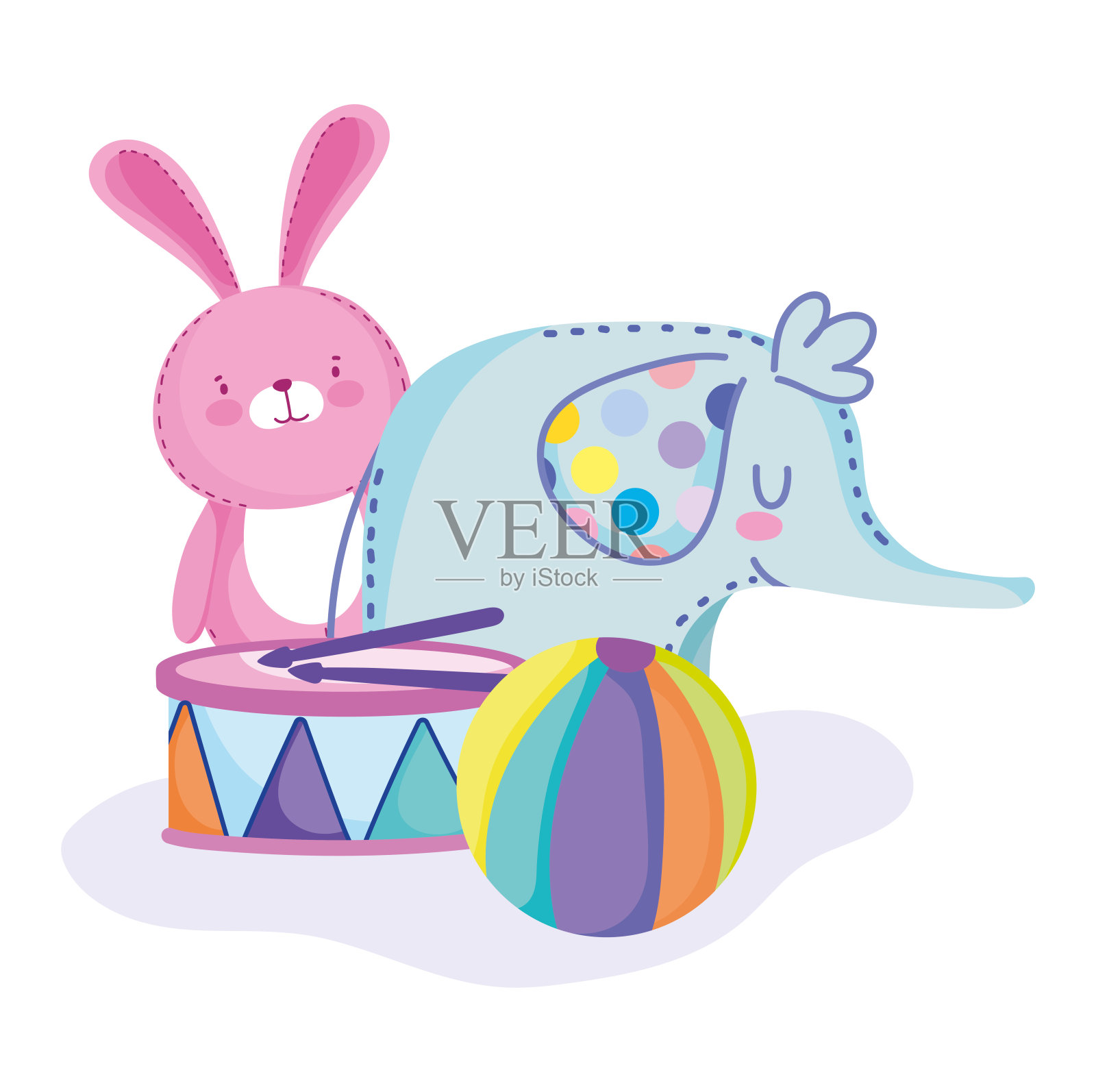 玩具对象，供小孩子玩卡通象、兔、球、鼓设计元素图片