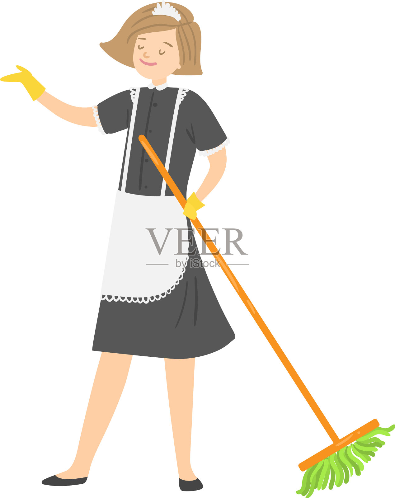 淡发微笑女佣摆着拖把的姿势设计元素图片