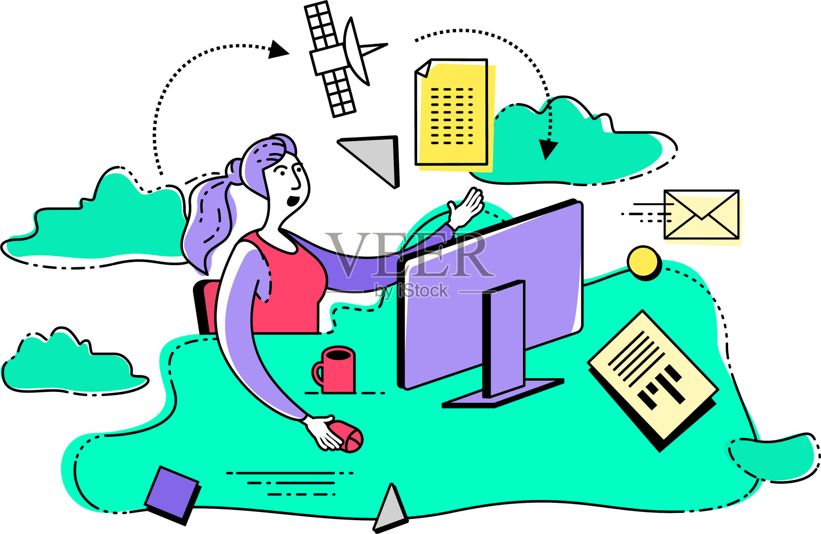 卡通人物插图的网页设计，展示，信息图表，登陆页:女人使用云服务。雇员坐在办公室的电脑前。插画图片素材