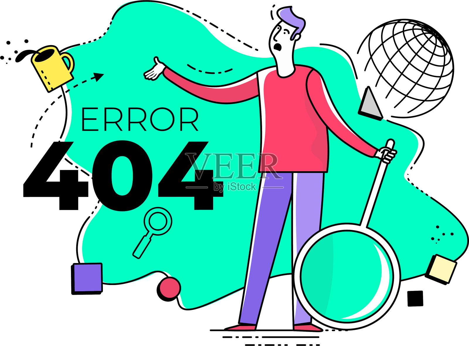 平面插图设计用于展示、网页、登陆页、信息图:卡通人物用放大镜找不到文件。错误404。插画图片素材