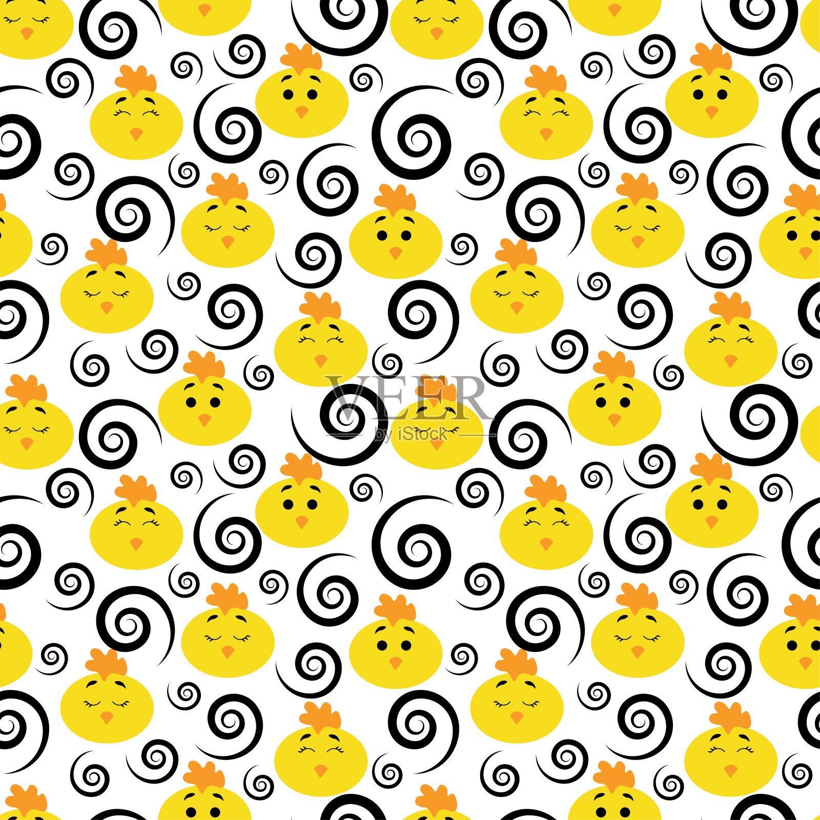 无缝图案，可爱的黄色鸡头和黑色螺旋在白色的背景。国内的鸟。库存矢量插图的织物，床和婴儿亚麻布，包装纸，墙纸。插画图片素材