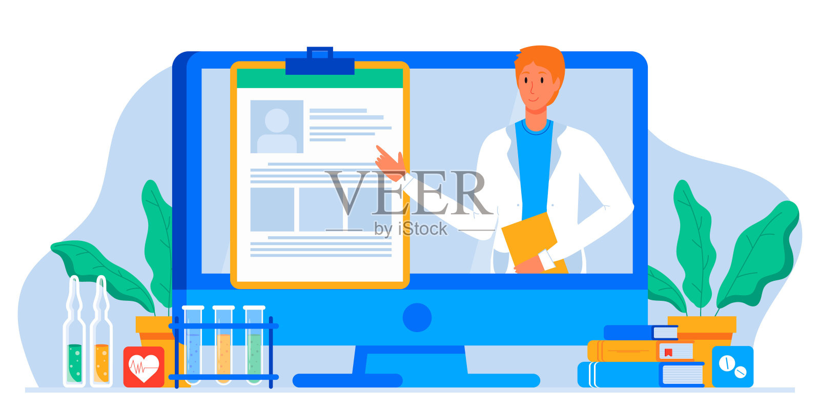 在线患者医疗咨询和支持聊天集。在线医生app messenger。医疗保健服务，问医生。家庭医生在电脑屏幕上。Tele药旗帜。插画图片素材