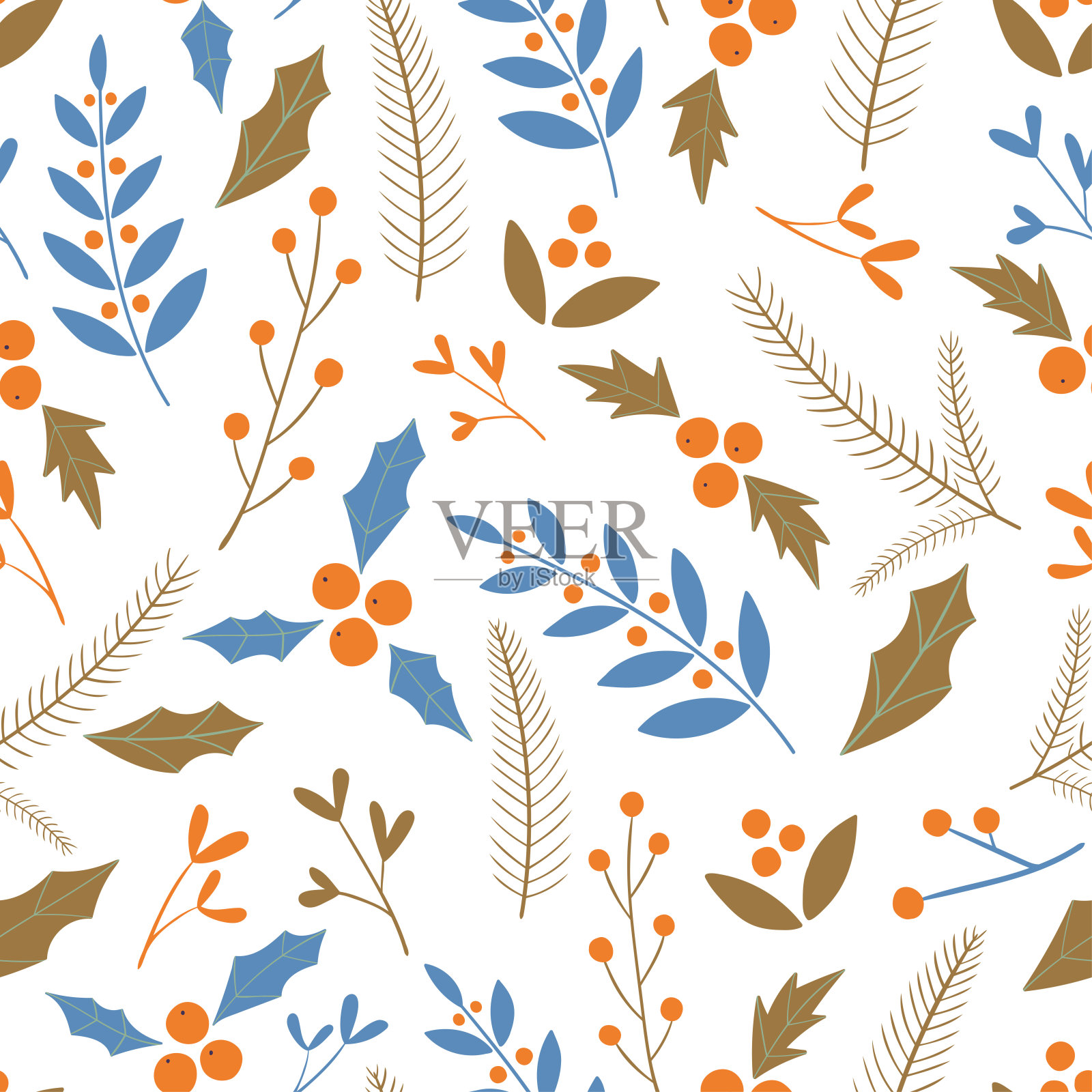 冬天的花卉图案。矢量无缝图案为圣诞，新年与植物元素。平坦的插图。插画图片素材