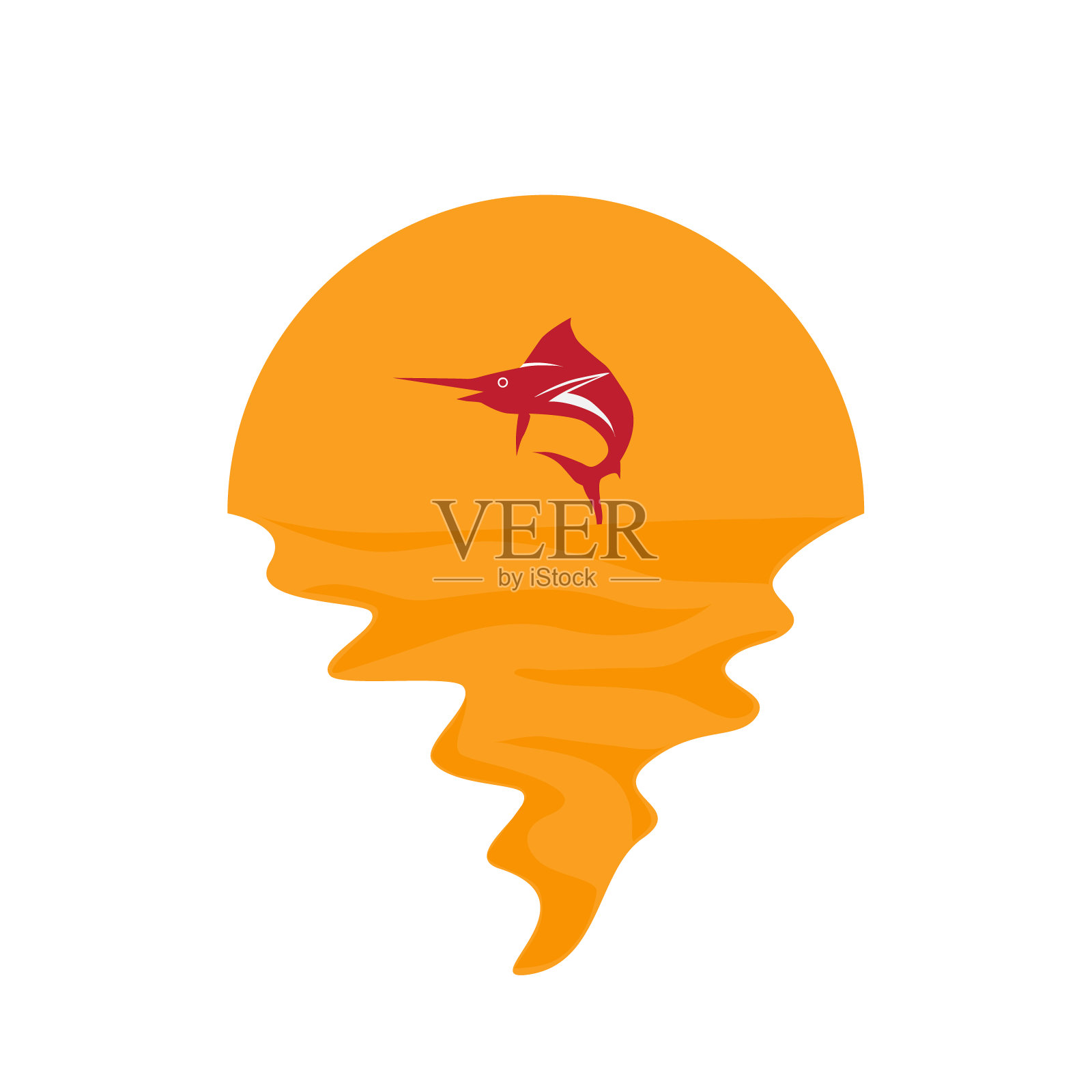 蓝色马林鱼的矢量在海上和日落的背景插画图片素材