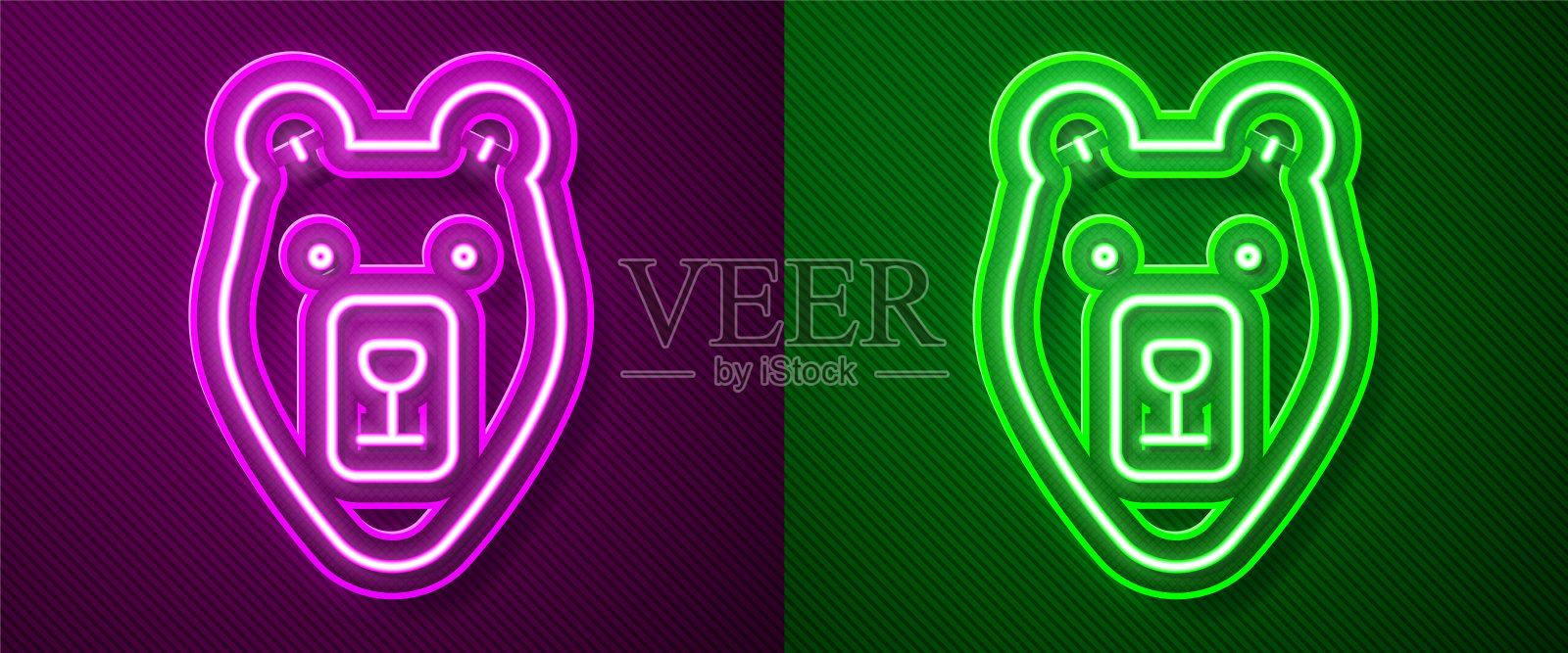 发光的霓虹线熊头图标孤立在紫色和绿色的背景。向量插画图片素材
